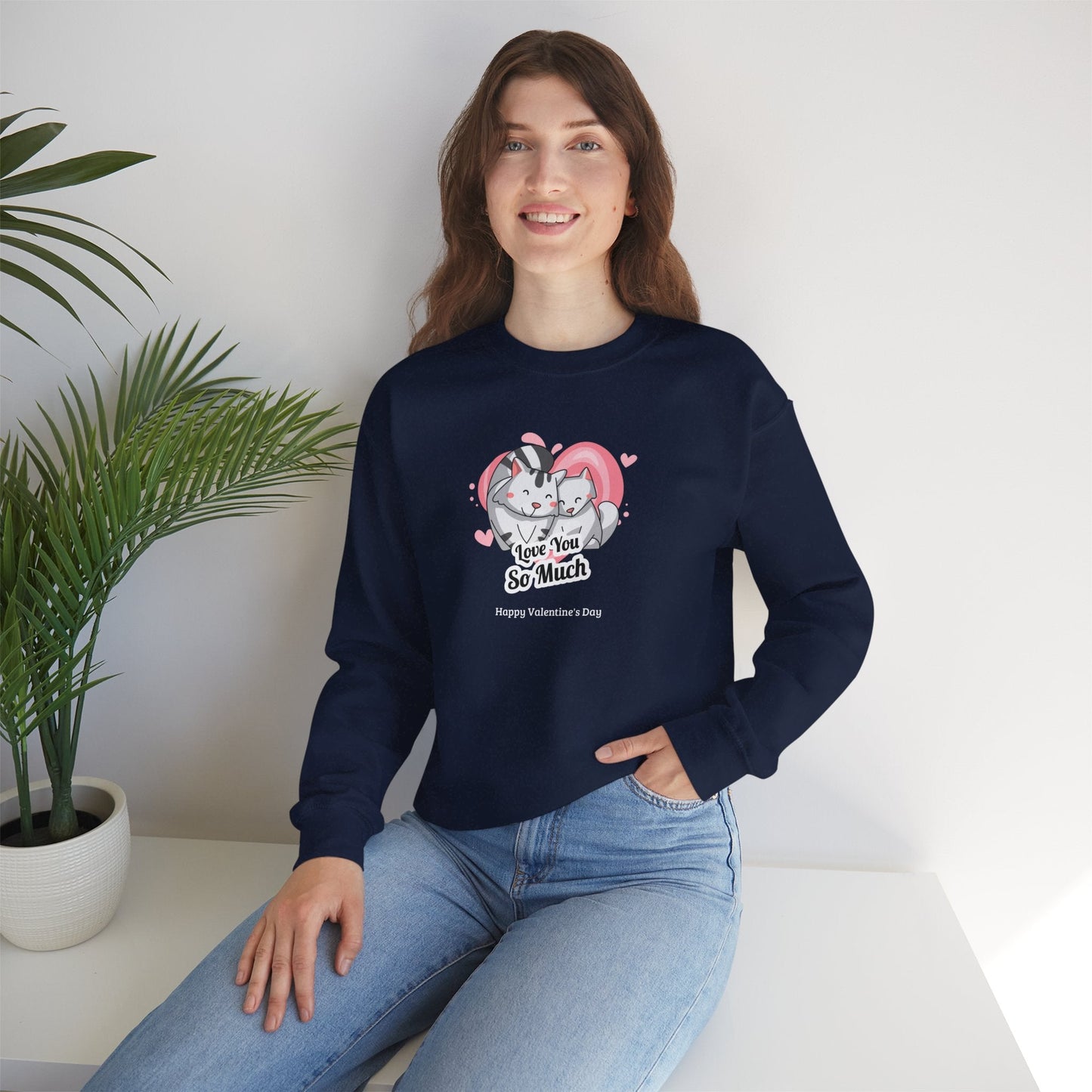 Cat Heart Sweatshirt Valentines Day Unisex 50 50 Cotton Poly Crewneck Gildan 18000
