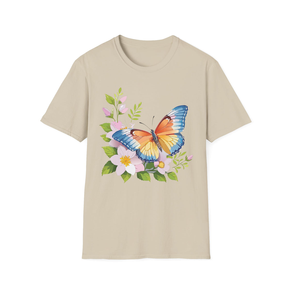 Butterfly Floral T-Shirt — Watercolor Orange & Blue Butterfly on Blossoms Graphic Design Unisex 100 Cotton Gildan T-Shirt