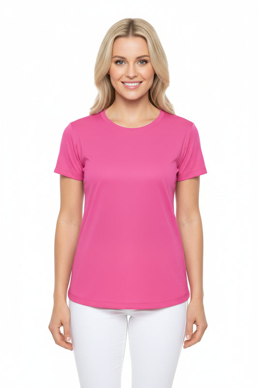 Hot Pink Web Women's Sports Jersey Short Sleeves 100% Poly Solid Pink Color Print Athletic Tee