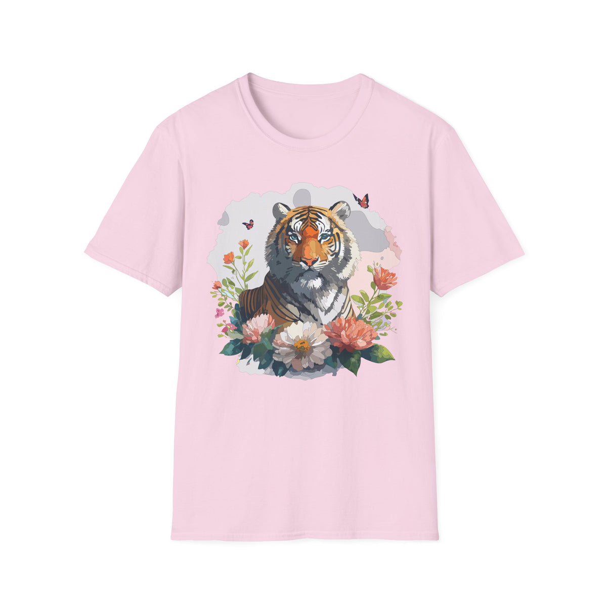 Floral Tiger Illustration T-Shirt | Tiger Portrait Tee, Butterfly Accents