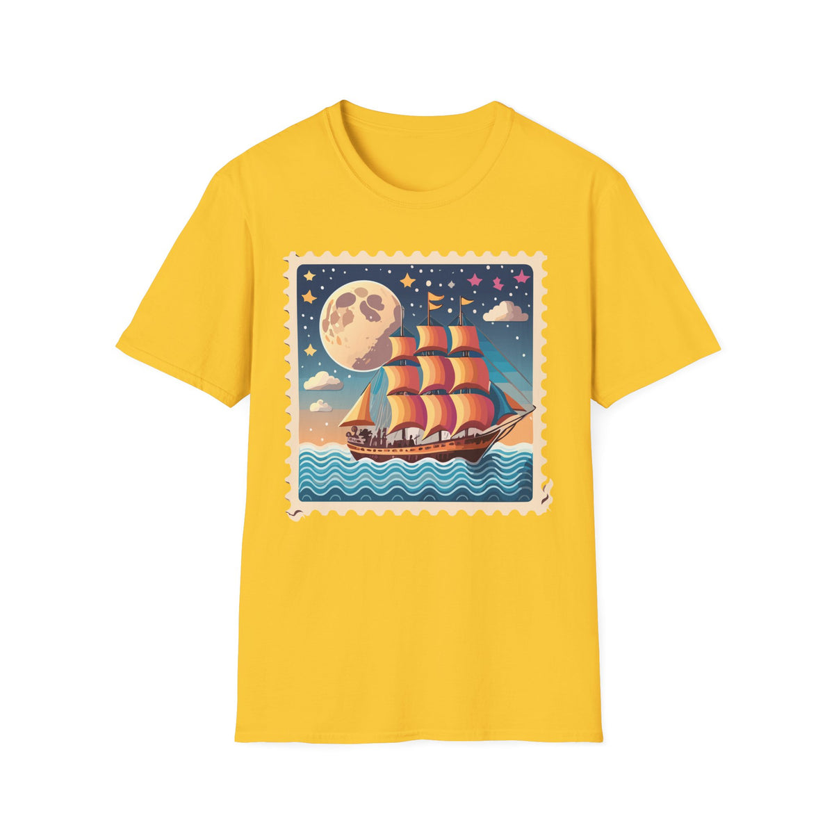 Vintage Sailboat Moon Illustration T-Shirt | Nautical Night Sky