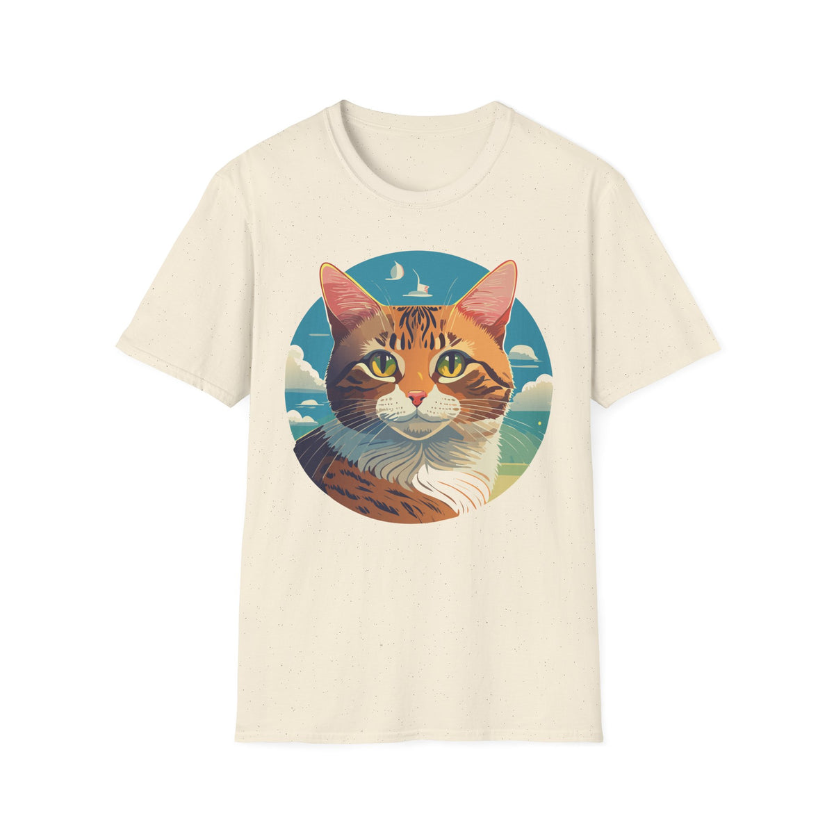 Sunset Tabby Cat T-Shirt | Cat Portrait Tee, Beach Sky Illustration