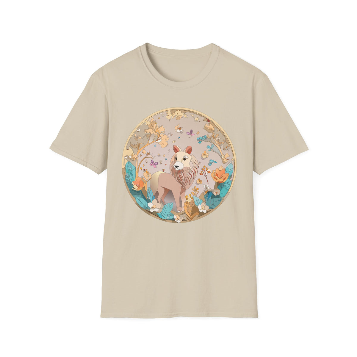 Whimsical Lion Garden Illustration T-Shirt | Floral Circle Art