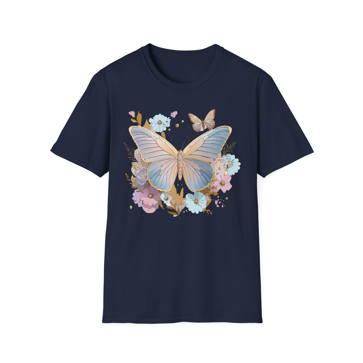 Butterfly Bloom T-Shirt — Pastel Floral Butterfly Graphic Design Unisex 100 Cotton Gildan T-Shirt
