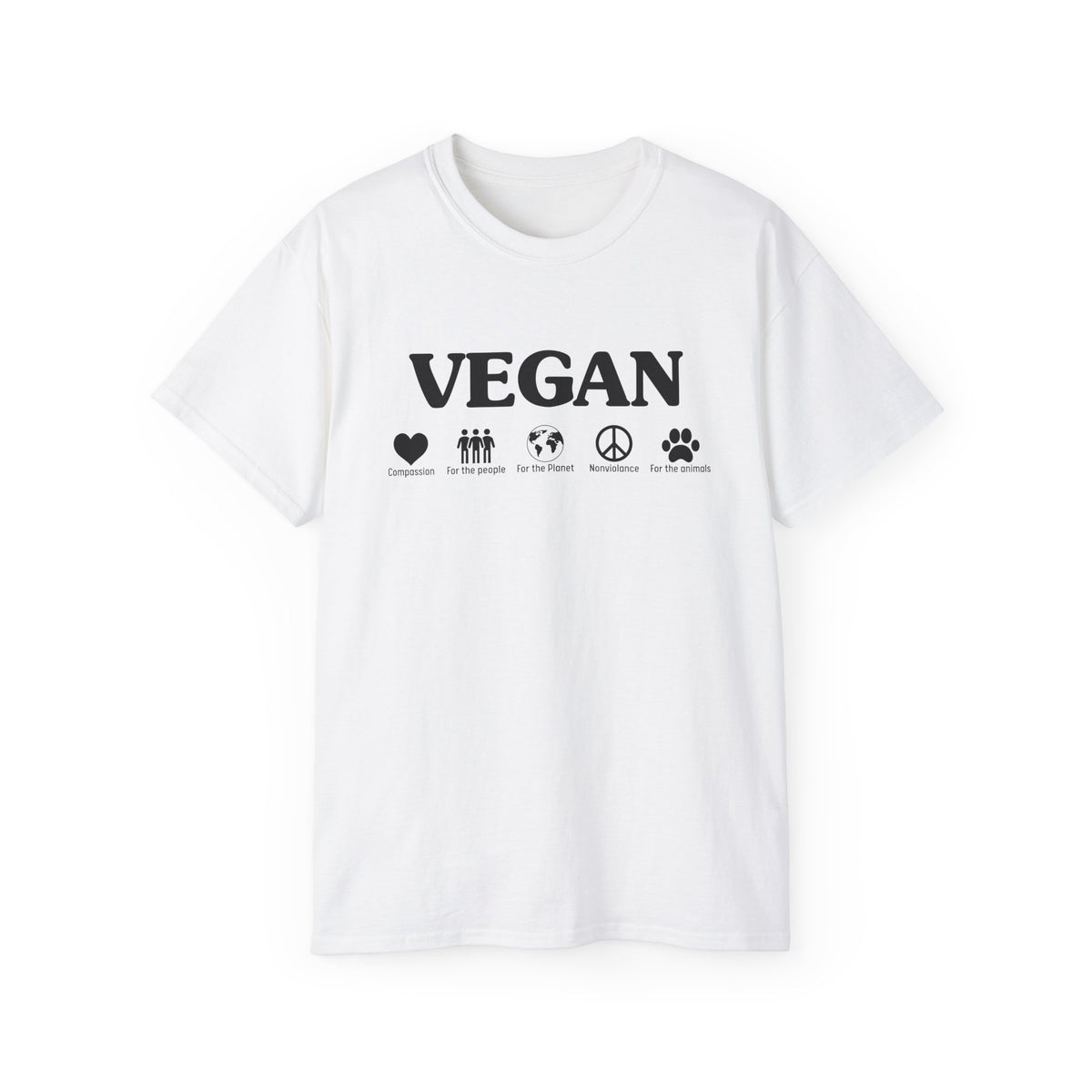 Vegan Icons Tee | Heart, People, Earth, Peace, Paw Symbols