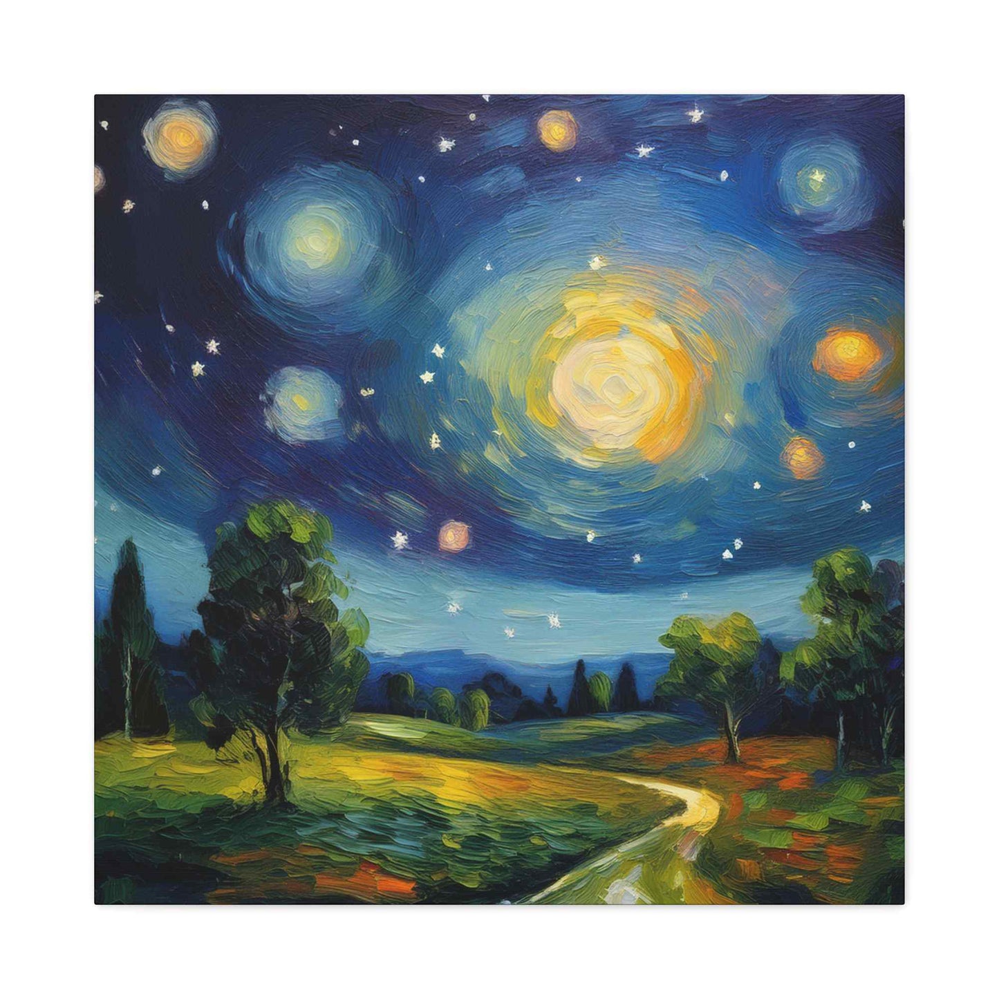Starry Night Print Canvas, Oil Paint Print 20x20, 24x24, 30x30, 32x32, 36x36 Art Design Print Pine-Wood Inner Frame MC-40