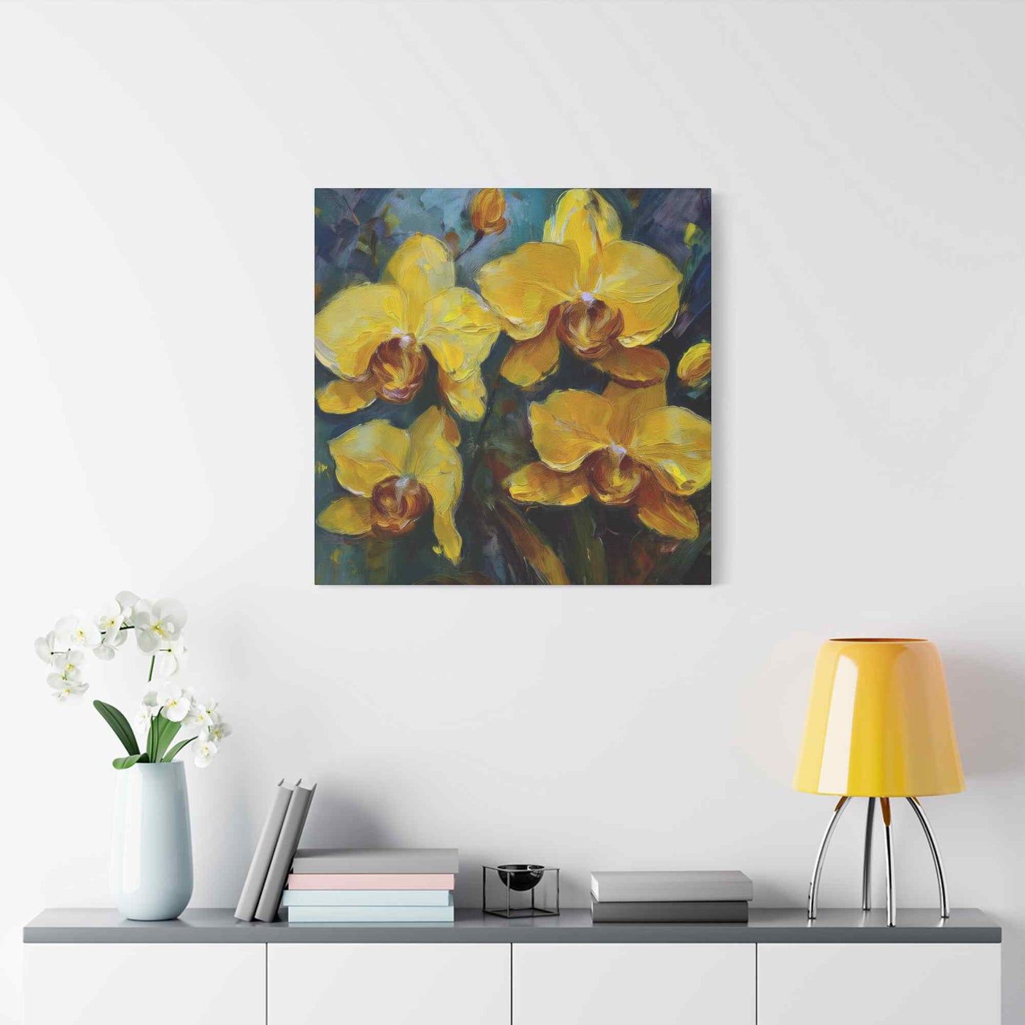 Yellow Orchids Print Canvas, Floral Oil Paint Print 20x20, 24x24, 30x30, 32x32, 36x36 Art Design Pine-Wood Inner Frame MC-138