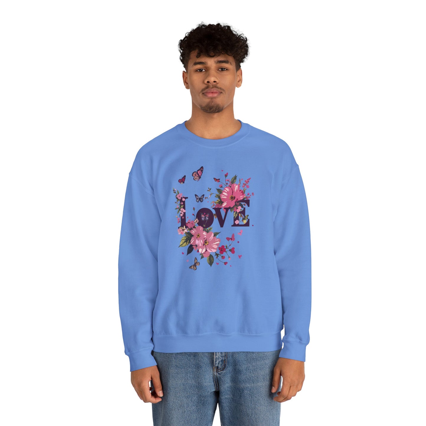 Unisex Floral Love Sweatshirt, Love Floral Sweatshirt, Floral Butterfly Sweatshirt, 50/50 Cotton-Poly Valentine's Day Sweatshirt 05