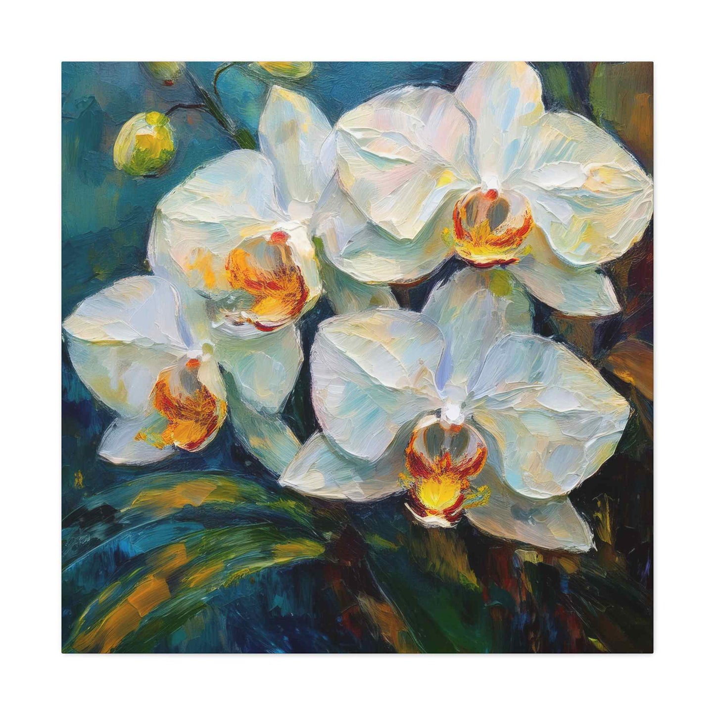 White Orchids Print Canvas, Floral Oil Paint Print 20x20, 24x24, 30x30, 32x32, 36x36 Art Design Pine-Wood Inner Frame MC-135