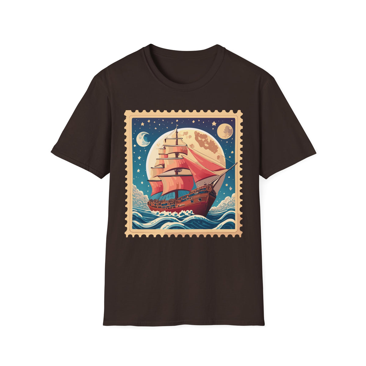 Vintage Sailing Ship Stamp T-Shirt | Moonlit Ocean Illustration