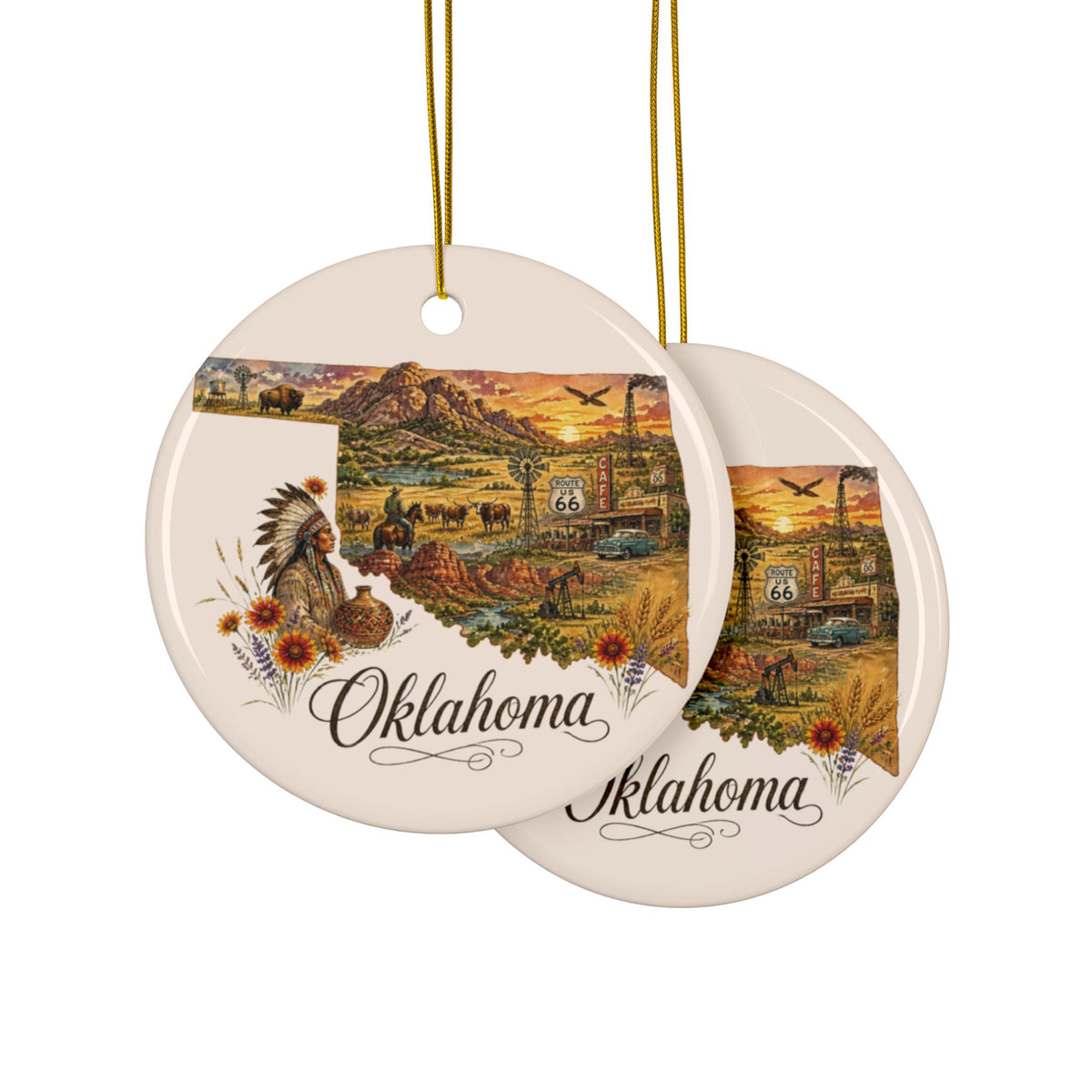 Oklahoma Vintage State Scene Ceramic Ornament | 2-Sided Round Ornament - 2.99" Includes Gold String