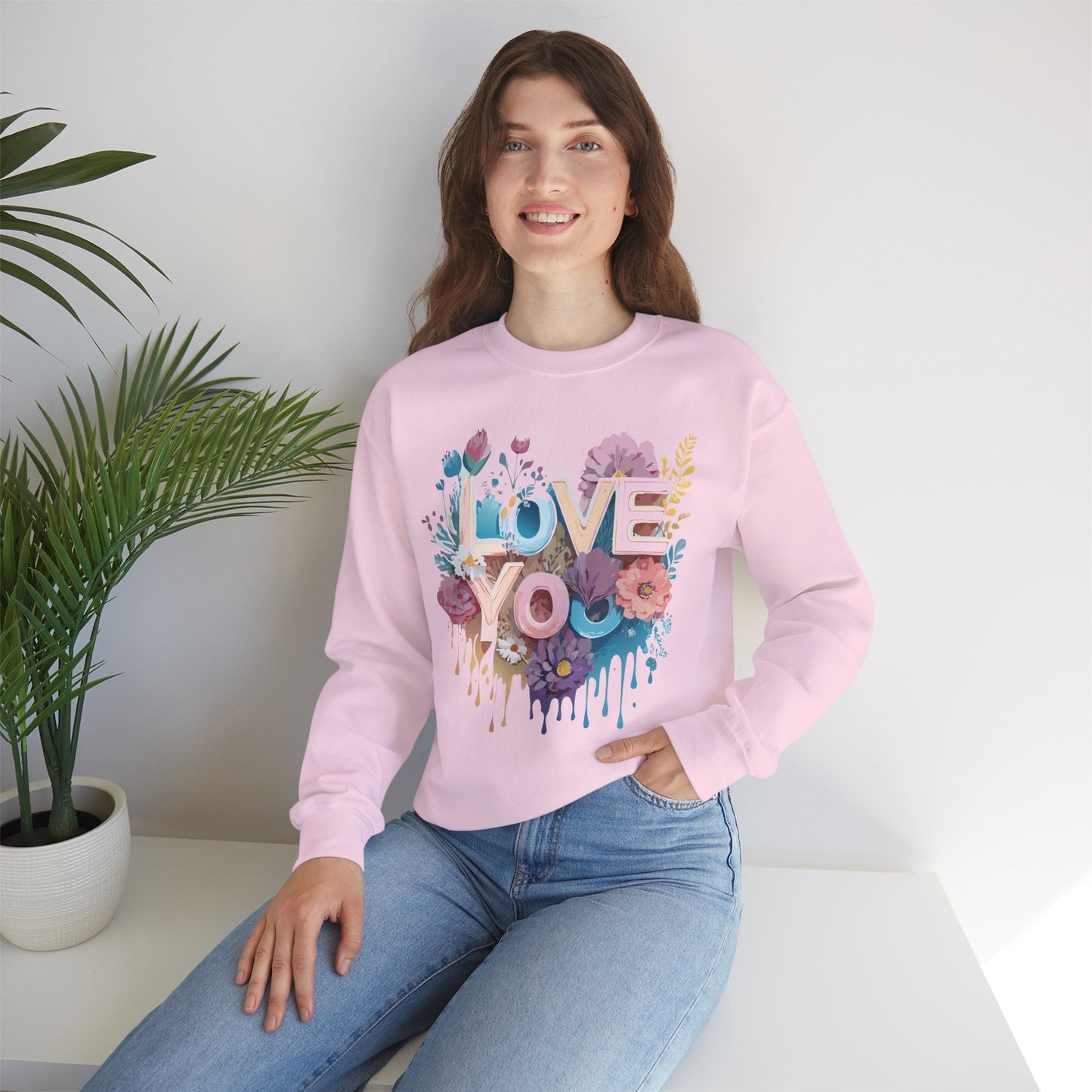 Floral Love Sweatshirt Unisex Heavy Blend Crewneck Valentine Day Flower Print Cozy Fleece Warm Gift
