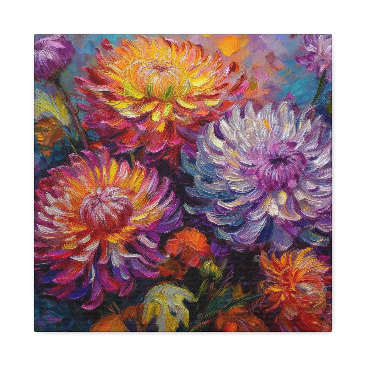 Chrysanthemums Print Canvas, Floral Oil Paint Print 20x20, 24x24, 30x30, 32x32, 36x36 Art Design Pine-Wood Inner Frame MC-158