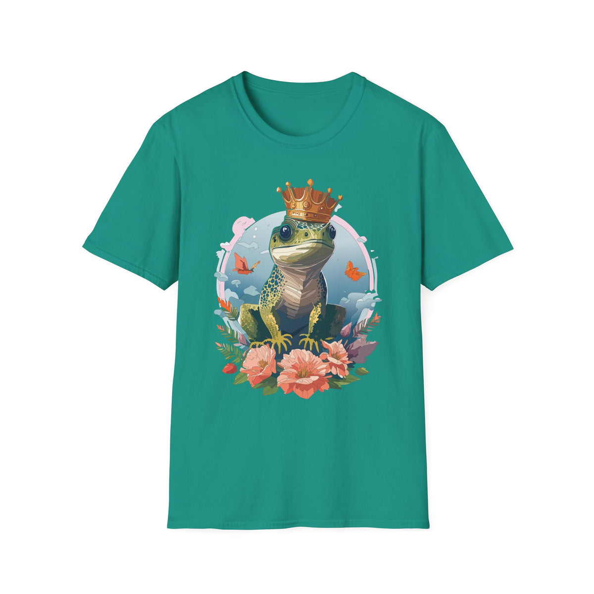 Frog Prince T-Shirt | Crowned Frog Illustration, Floral Accent