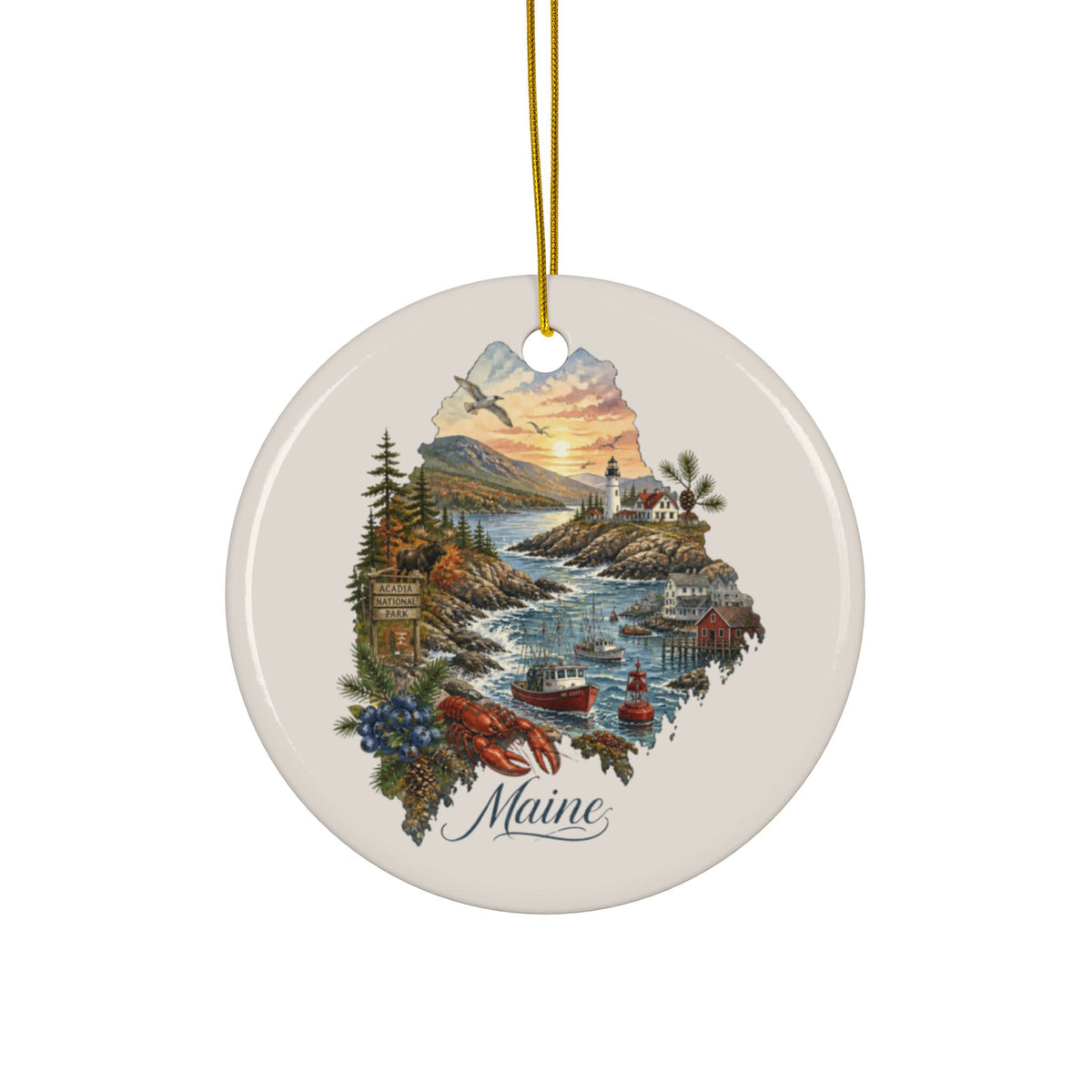 Maine Coastal Scene Ornament | Ceramic Round Ornament - 2.99" Includes Gold String