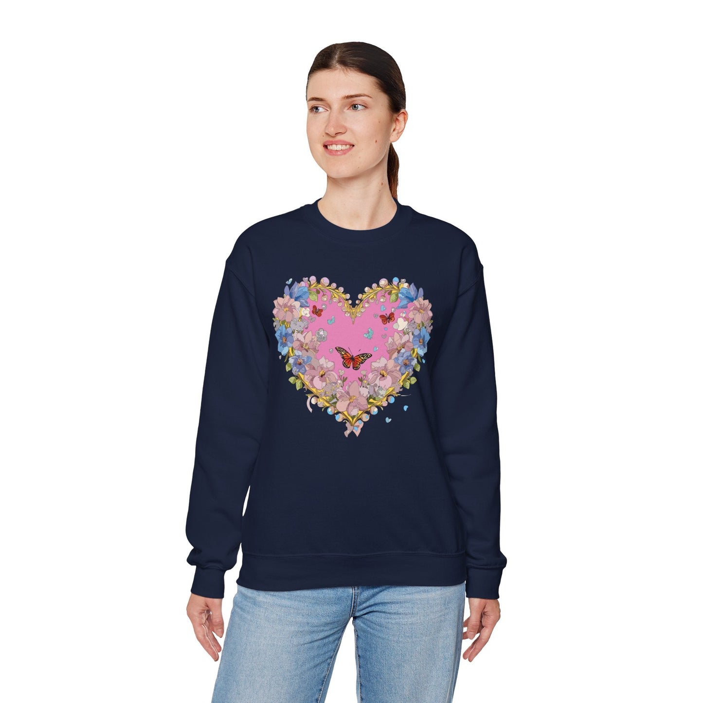 Floral Heart Sweatshirt Unisex Crewneck Gildan 18000 Fifty Fifty Cotton Polyester Valentine's Day