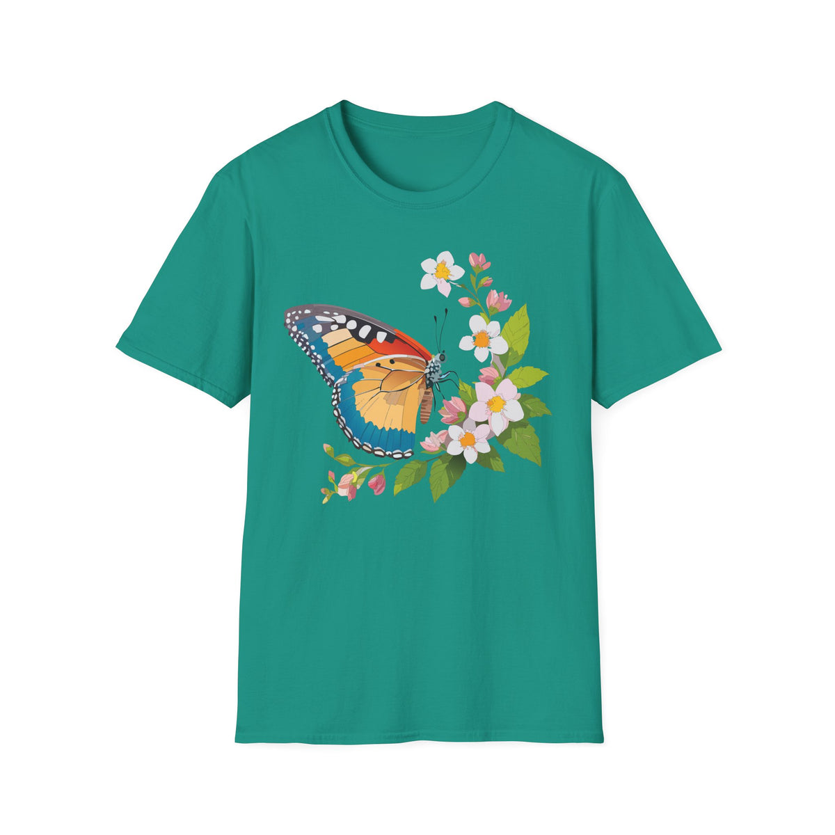 Butterfly Floral T-Shirt — Colorful Monarch with Blossoms Graphic Design Unisex 100 Cotton Gildan T-Shirt