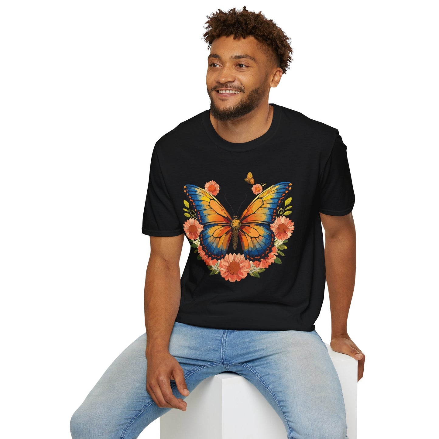 Butterfly T Shirt Unisex Softstyle Gildan 64000 Monarch Print 100 Percent Ring Spun Cotton