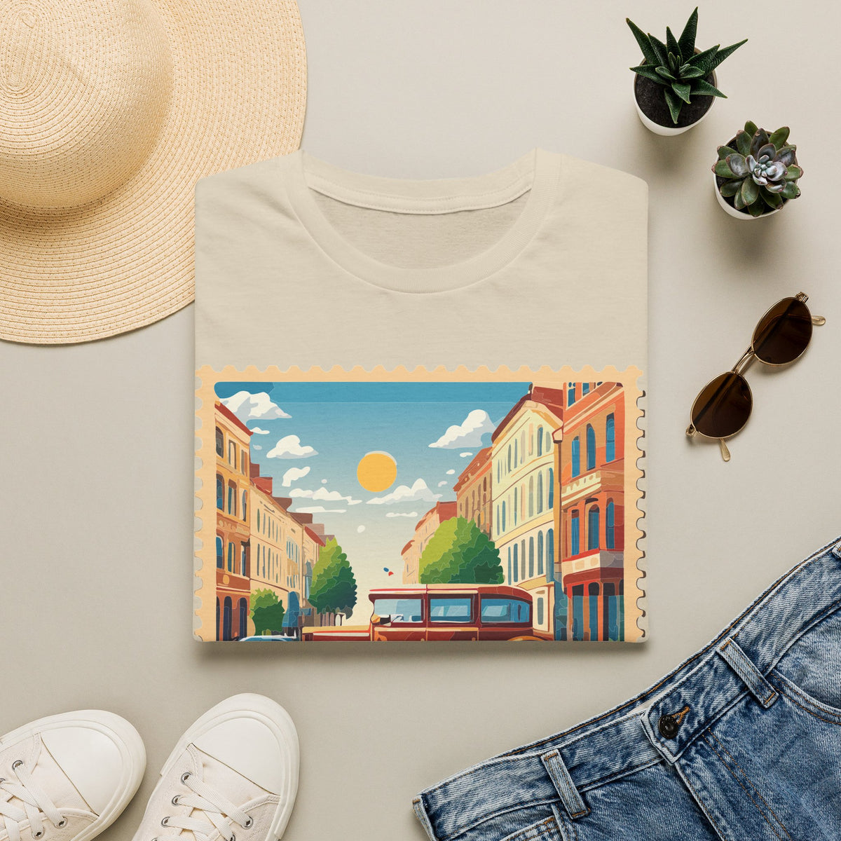 Vintage City Street Illustration T-Shirt | Retro Car, Sunny Urban Graphic Tee Unisex 100 Cotton Gildan T-Shirt