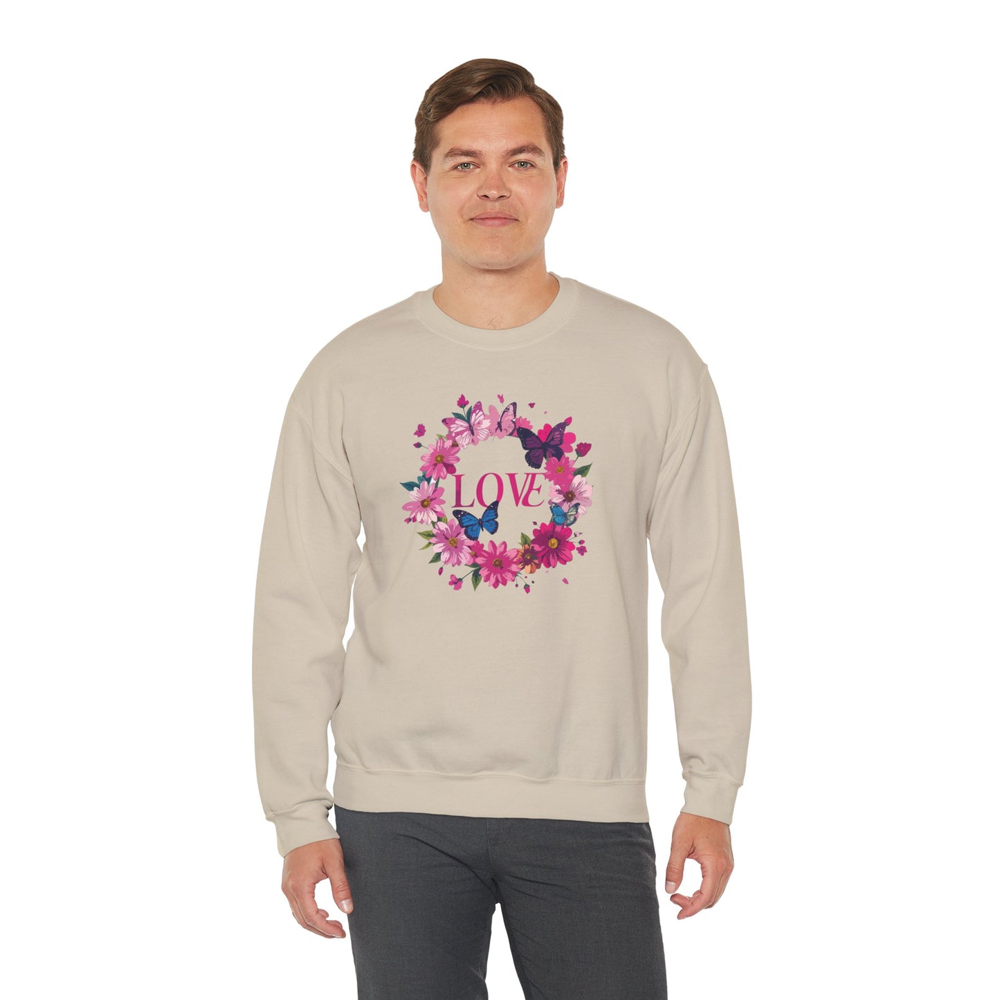 Unisex Floral Love Sweatshirt, Love Floral Sweatshirt, Floral Butterfly Sweatshirt, 50/50 Cotton-Poly Valentine's Day Sweatshirt 04