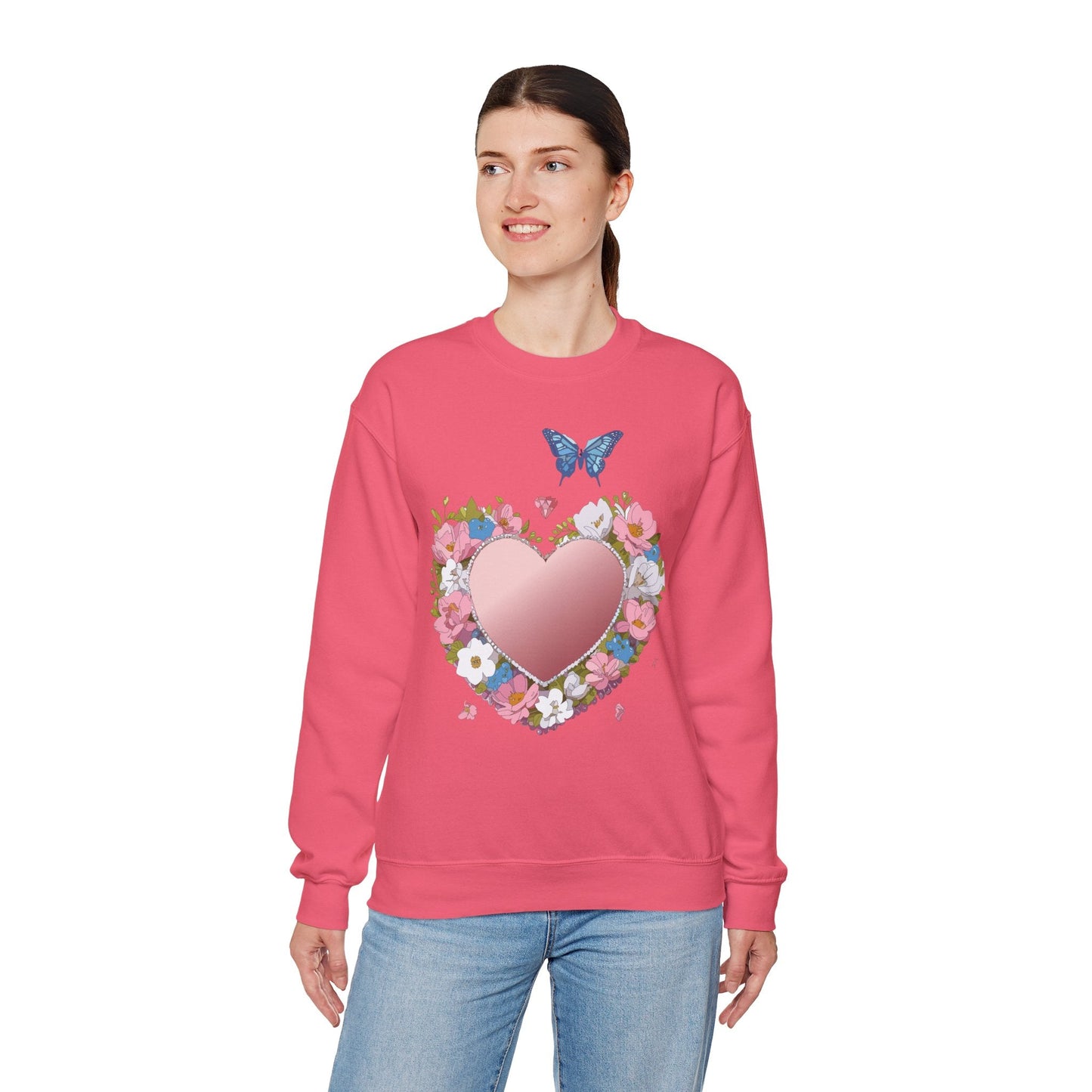 Unisex Floral Heart Sweatshirt Valentines Day Love Crewneck Gildan 18000 50/50 Cotton Polyester