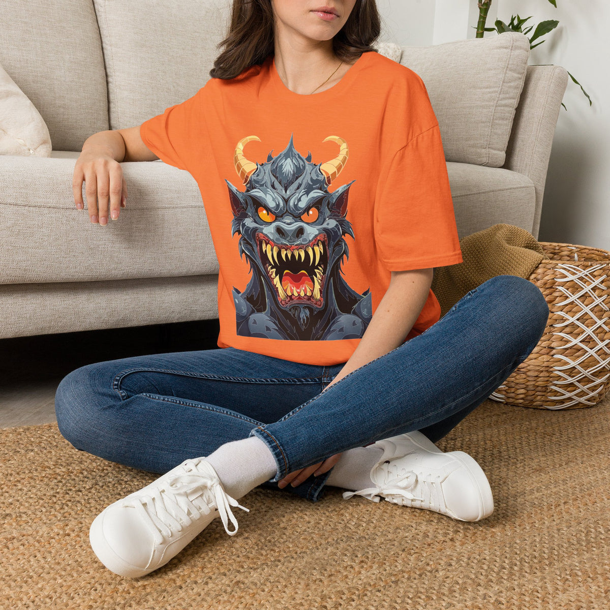 Demonic Monster Face T-Shirt — Fierce Horned Demon Cartoon Graphic Tee Unisex 100 Cotton Gildan T-Shirt