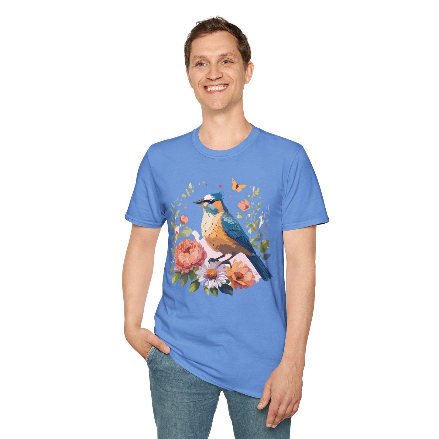 Floral Bird T Shirt Unisex Softstyle Gildan 64000 Tee 100 Percent Ring Spun Cotton