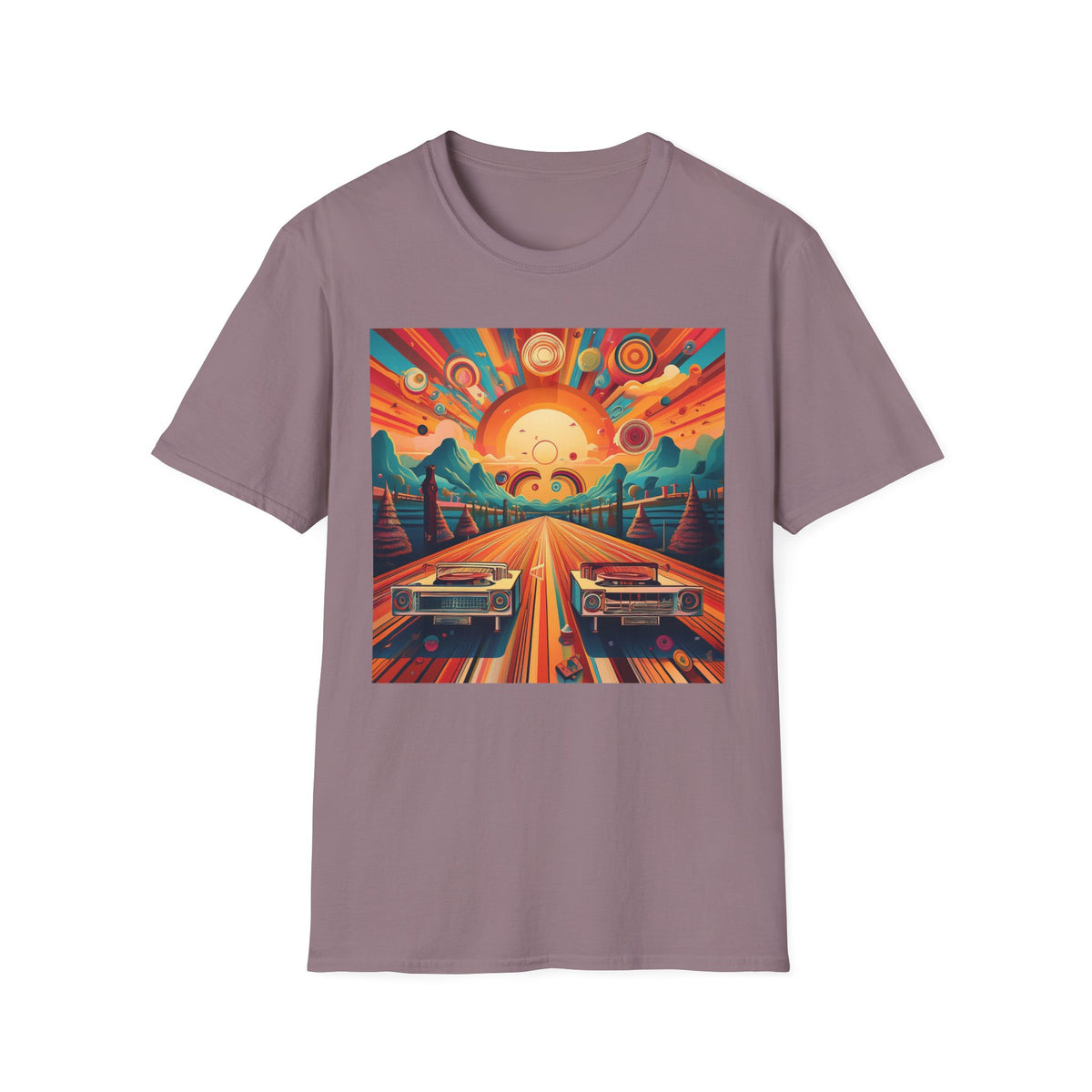 Retro Sunburst Road Trip Graphic Posters, Post Stamps Design Unisex 100 Cotton Gildan T-Shirt