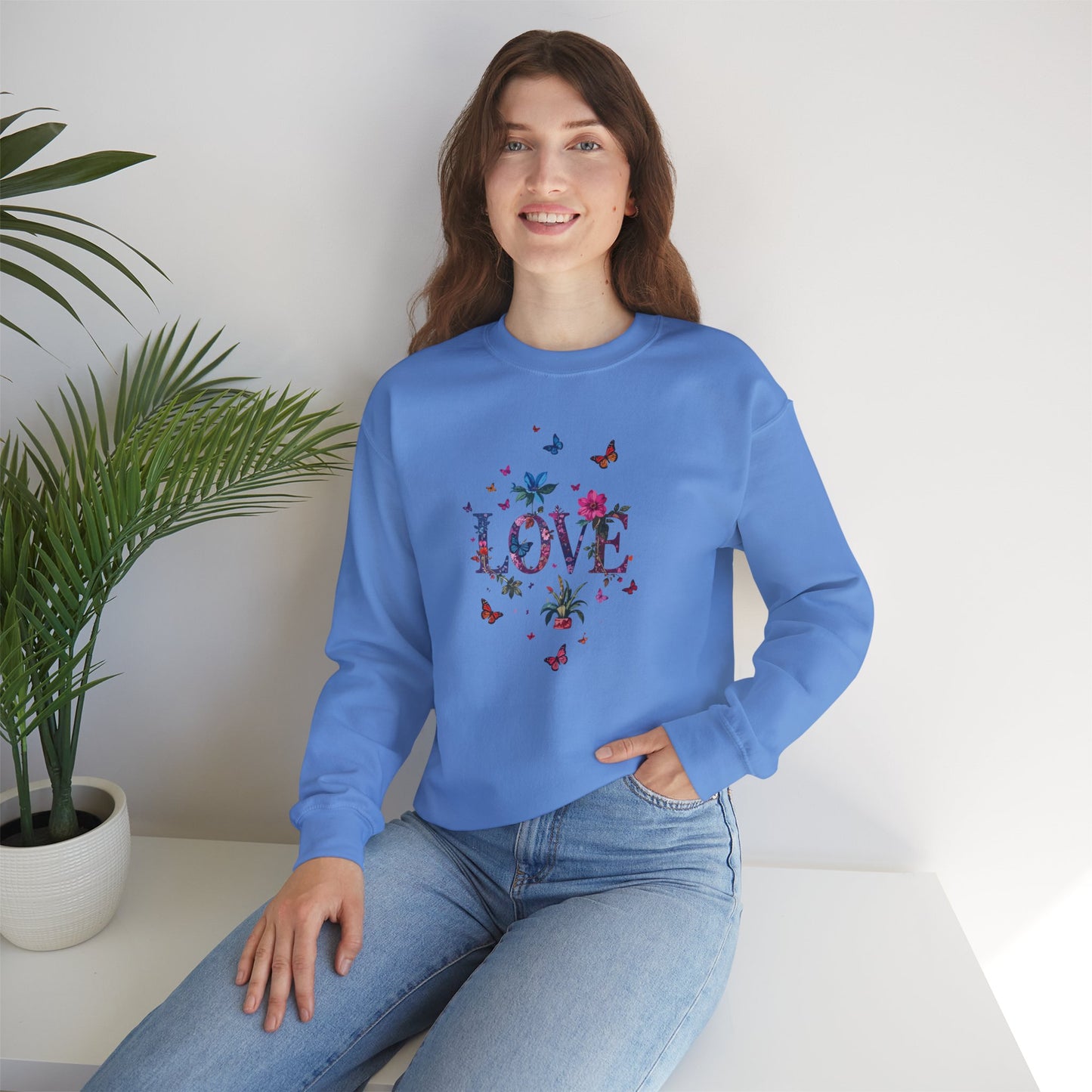 Unisex Floral Love Sweatshirt, Love Floral Sweatshirt, Floral Butterfly Sweatshirt, 50/50 Cotton-Poly Valentine's Day Sweatshirt 03