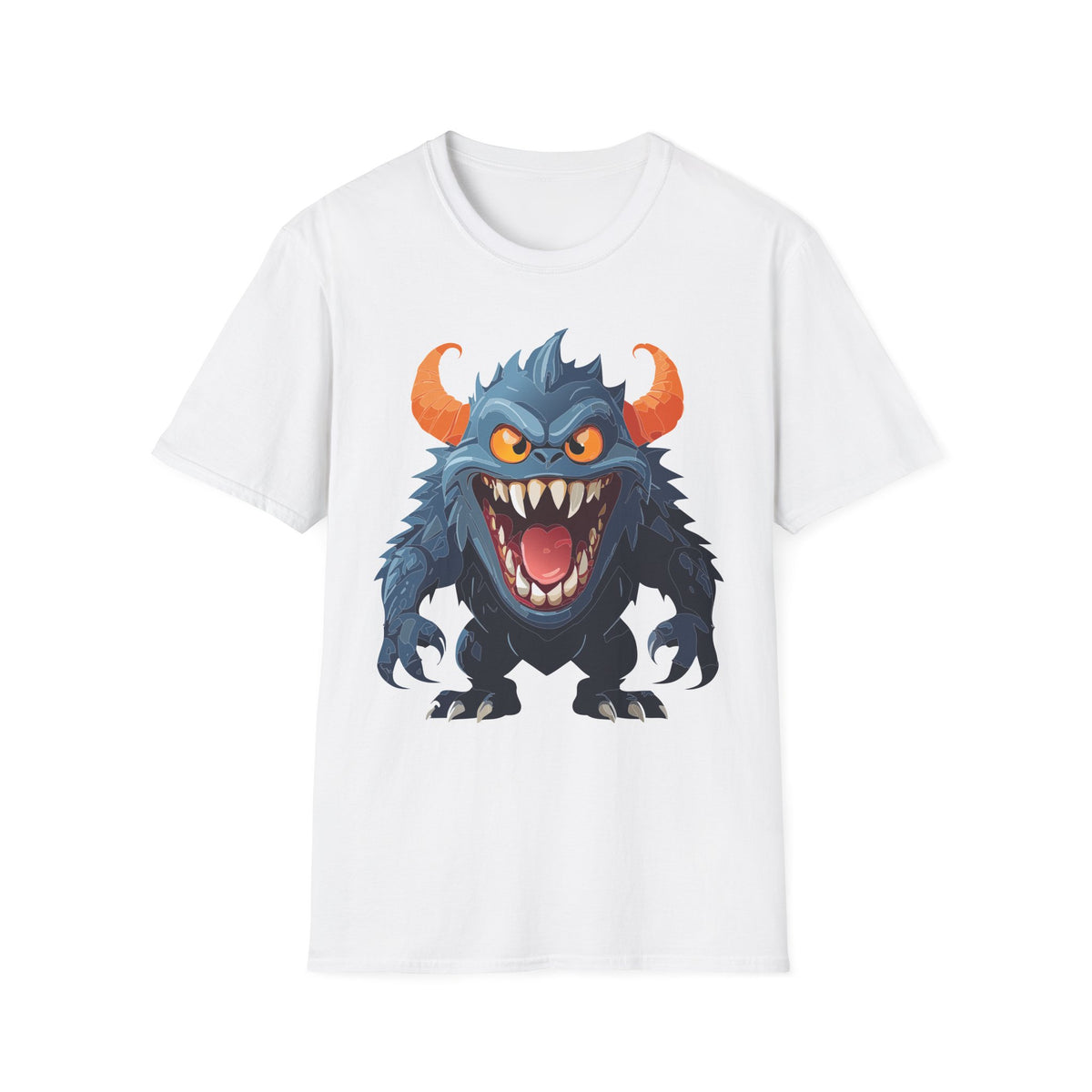 Monster Graphic T-Shirt — Fierce Blue Horned Creature Cartoon Graphic Tee Unisex 100 Cotton Gildan T-Shirt
