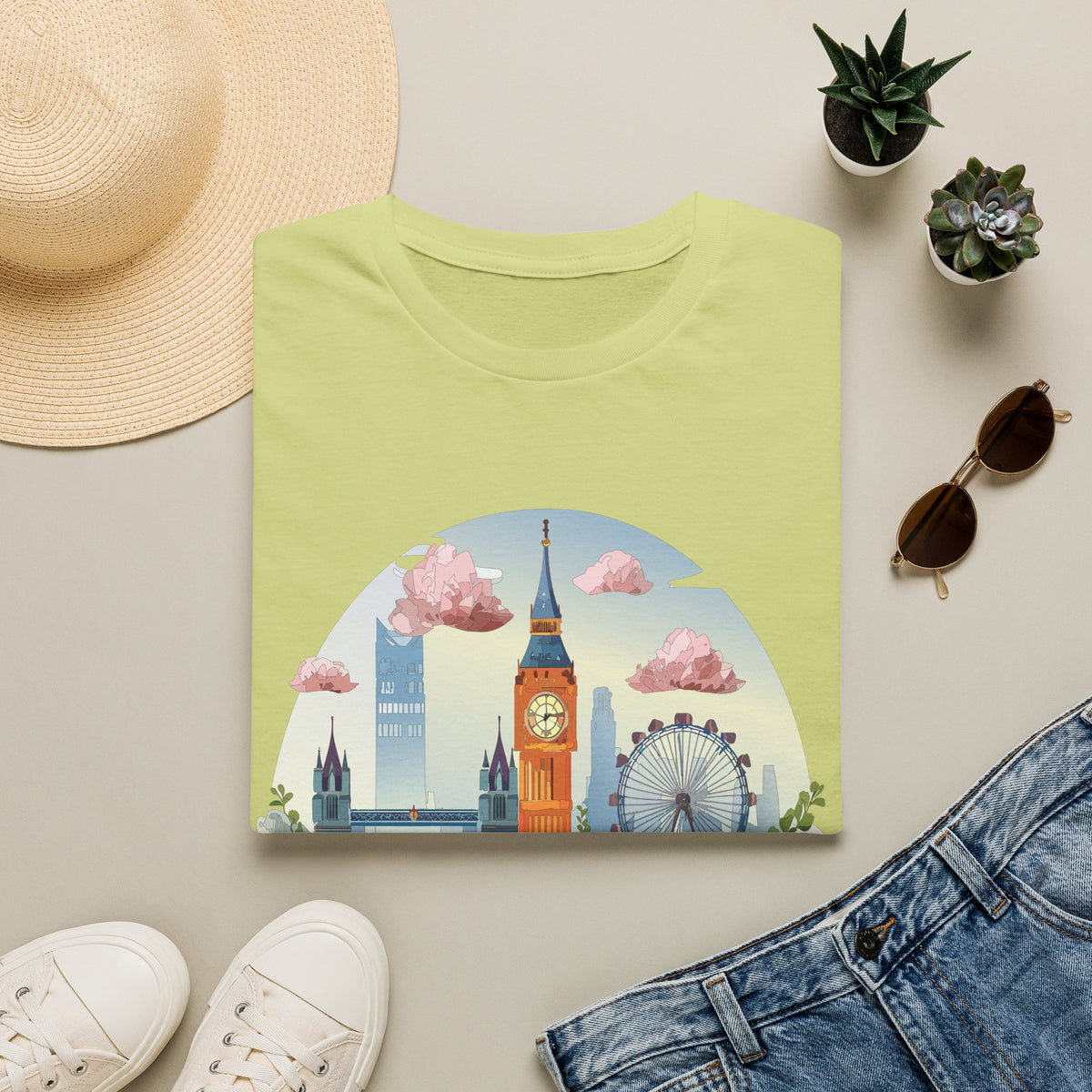 Whimsical London Skyline T-Shirt | Big Ben, London Eye, pastel clouds