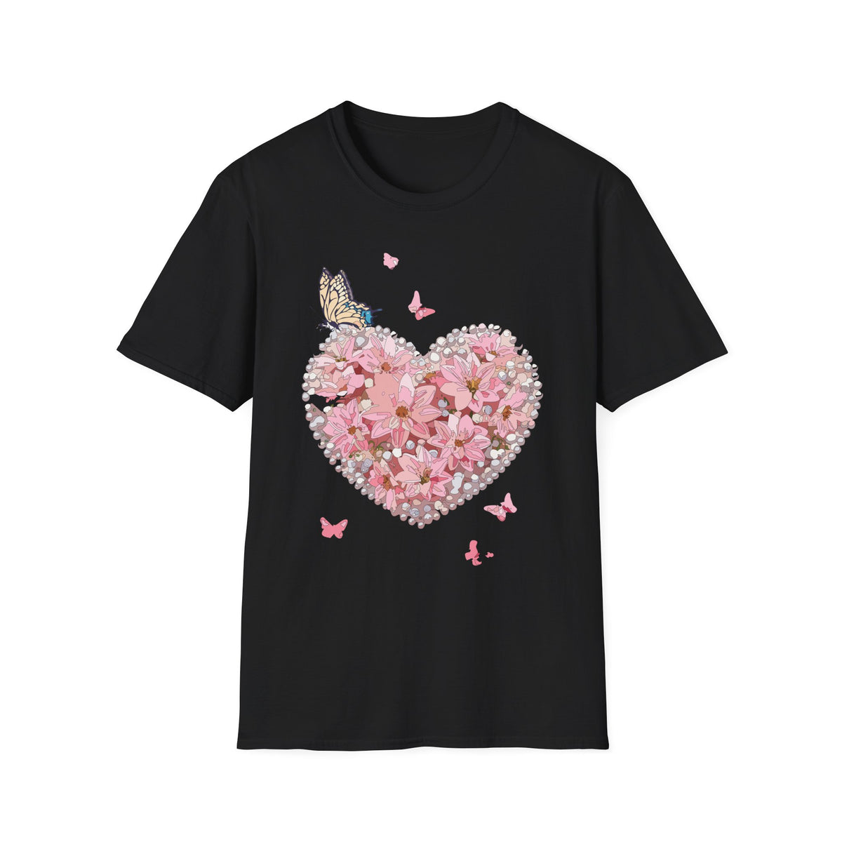 Pink Floral Heart with Butterfly T-Shirt | Spring Floral Graphic Tee Unisex 100 Cotton Gildan T-Shirt