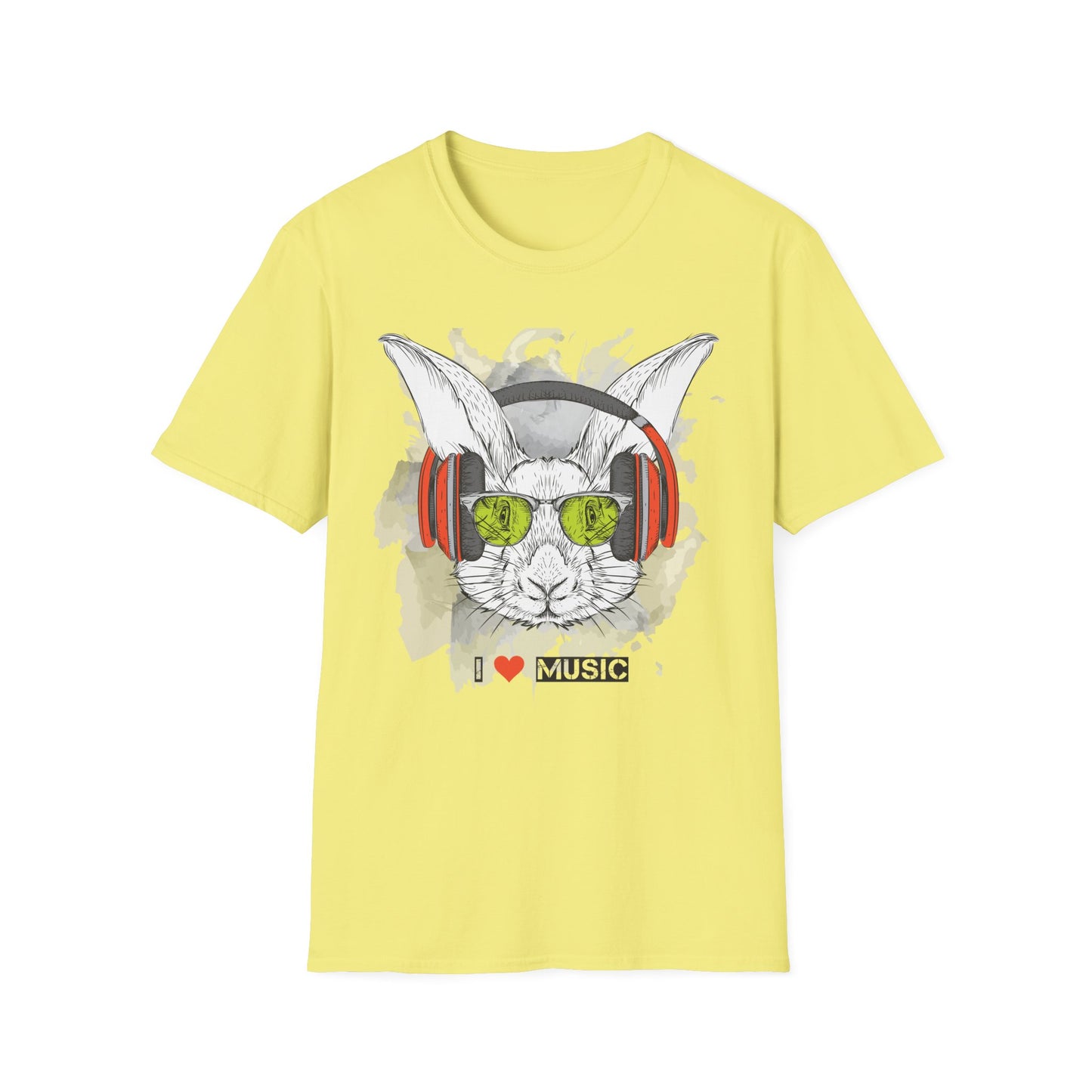 Music Bunny T-Shirt Unisex Cotton Short Sleeves I Love Music Rabbit with Headphones Graphic Tee