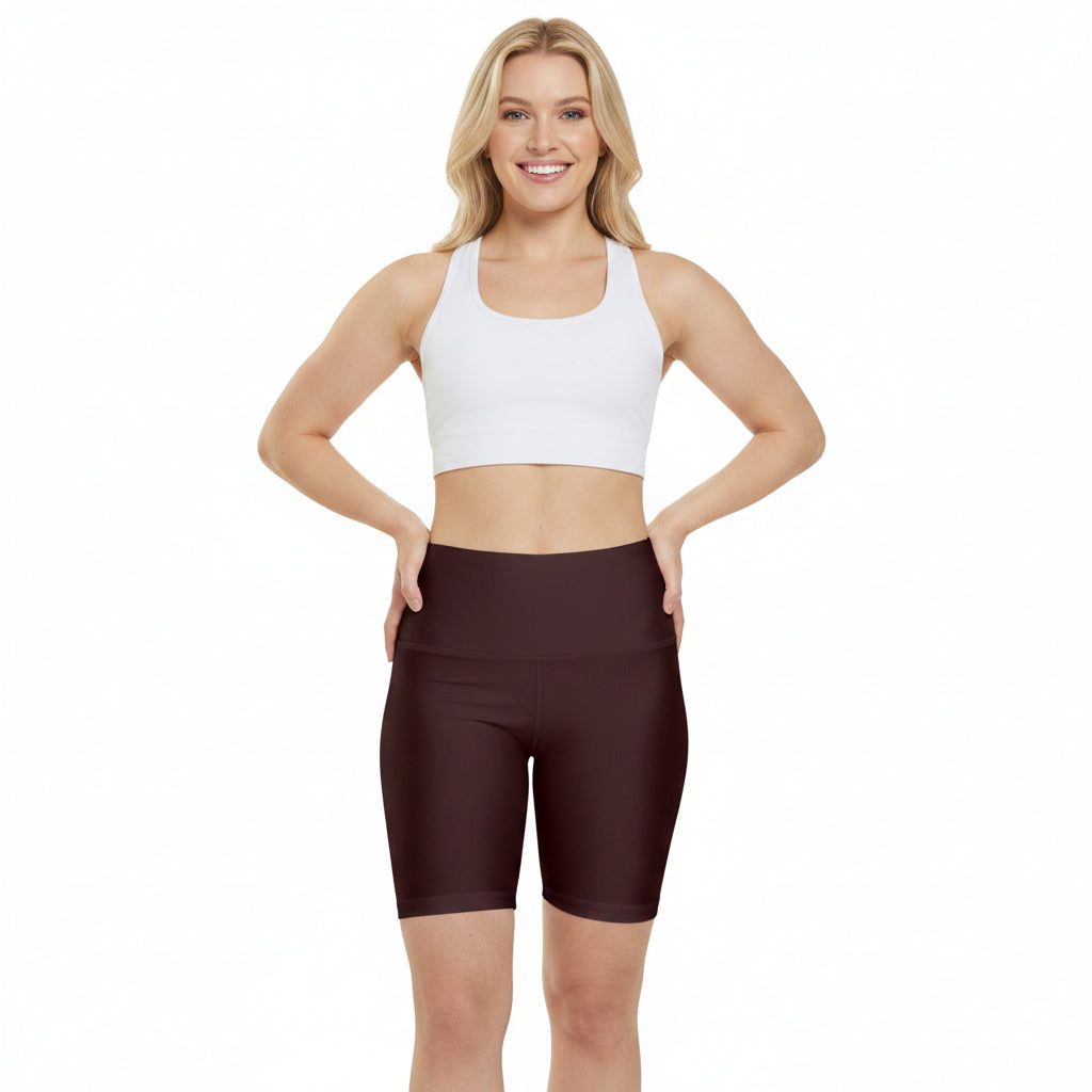 Rich Mahogany High-Waist Women's Workout Shorts — Comfortable Maroon Active Bike Shorts