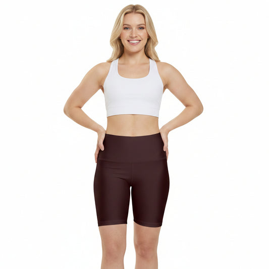 Rich Mahogany High-Waist Women's Workout Shorts — Comfortable Maroon Active Bike Shorts