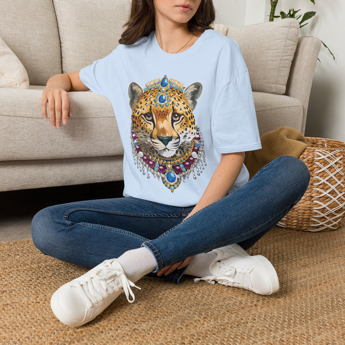 Jeweled Cheetah Face T-Shirt | Ornate Gemstone Leopard Illustration