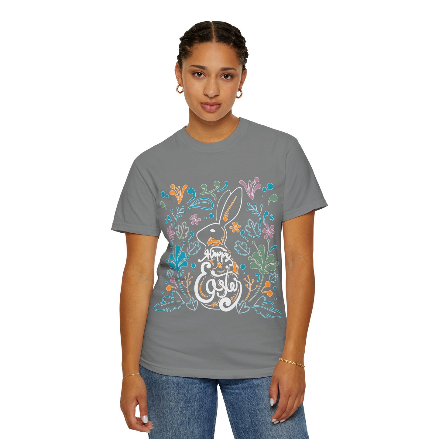 Easter Bunny Floral T-Shirt, Tee Shirt with Easter Signature, T Shirt with Easter Prints, Tee Shirt with Easter Design