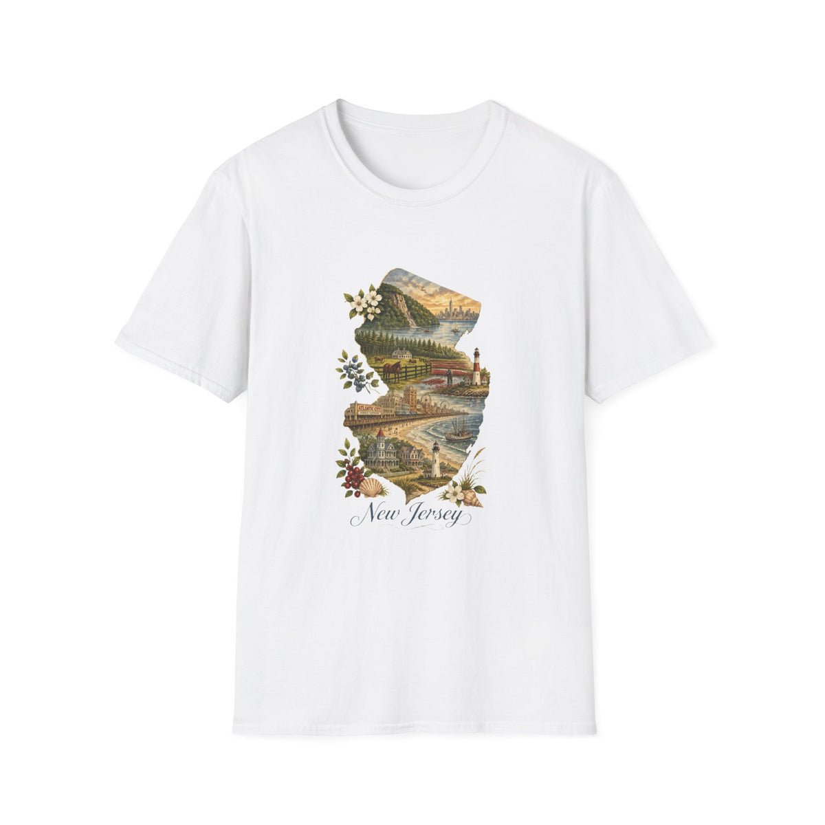 New Jersey Scenic Map T-Shirt — Vintage Travel Tourist Graphic Design Unisex 100 Cotton Gildan T-Shirt