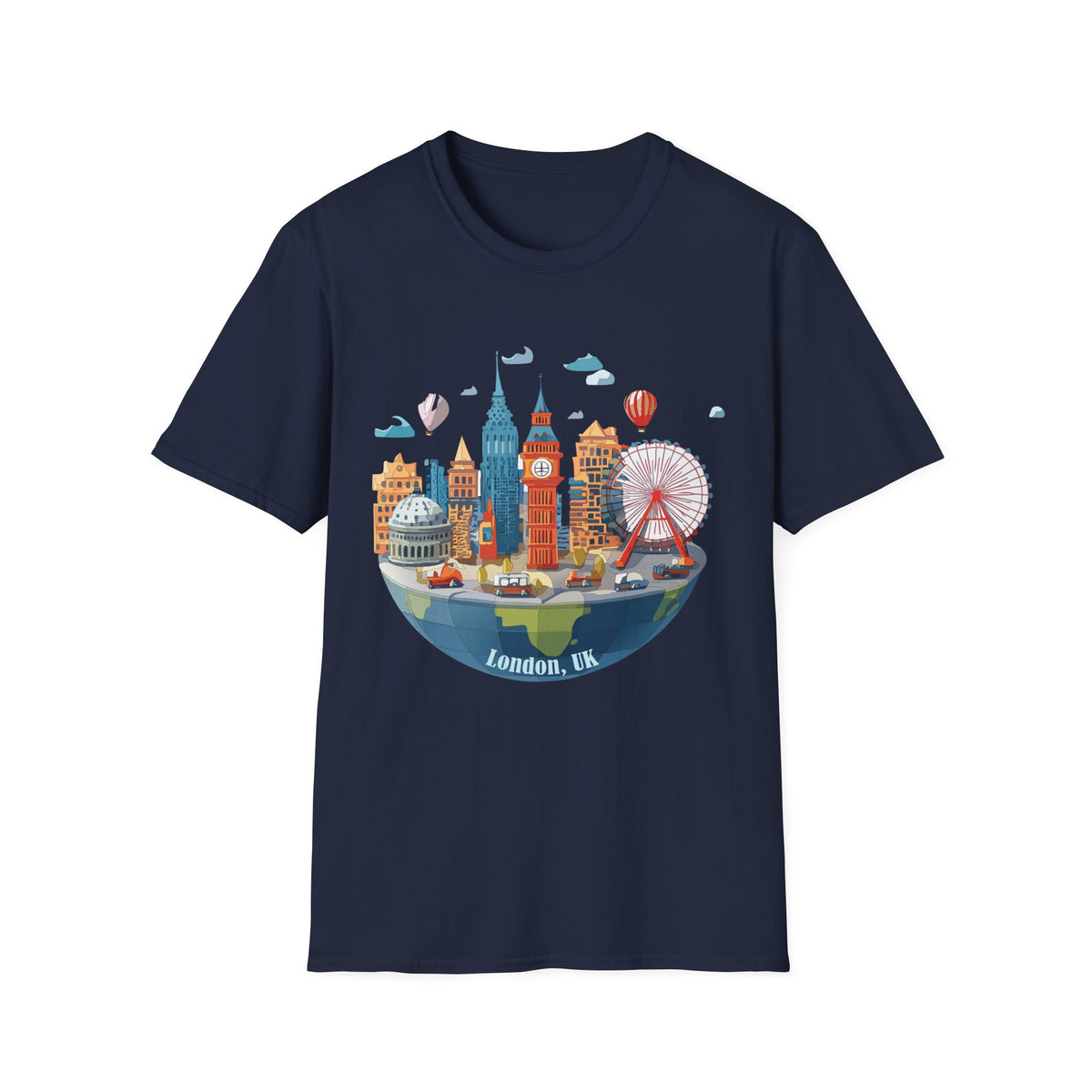 London Skyline Illustration T-Shirt | Big Ben, London Eye, Hot Air Balloons
