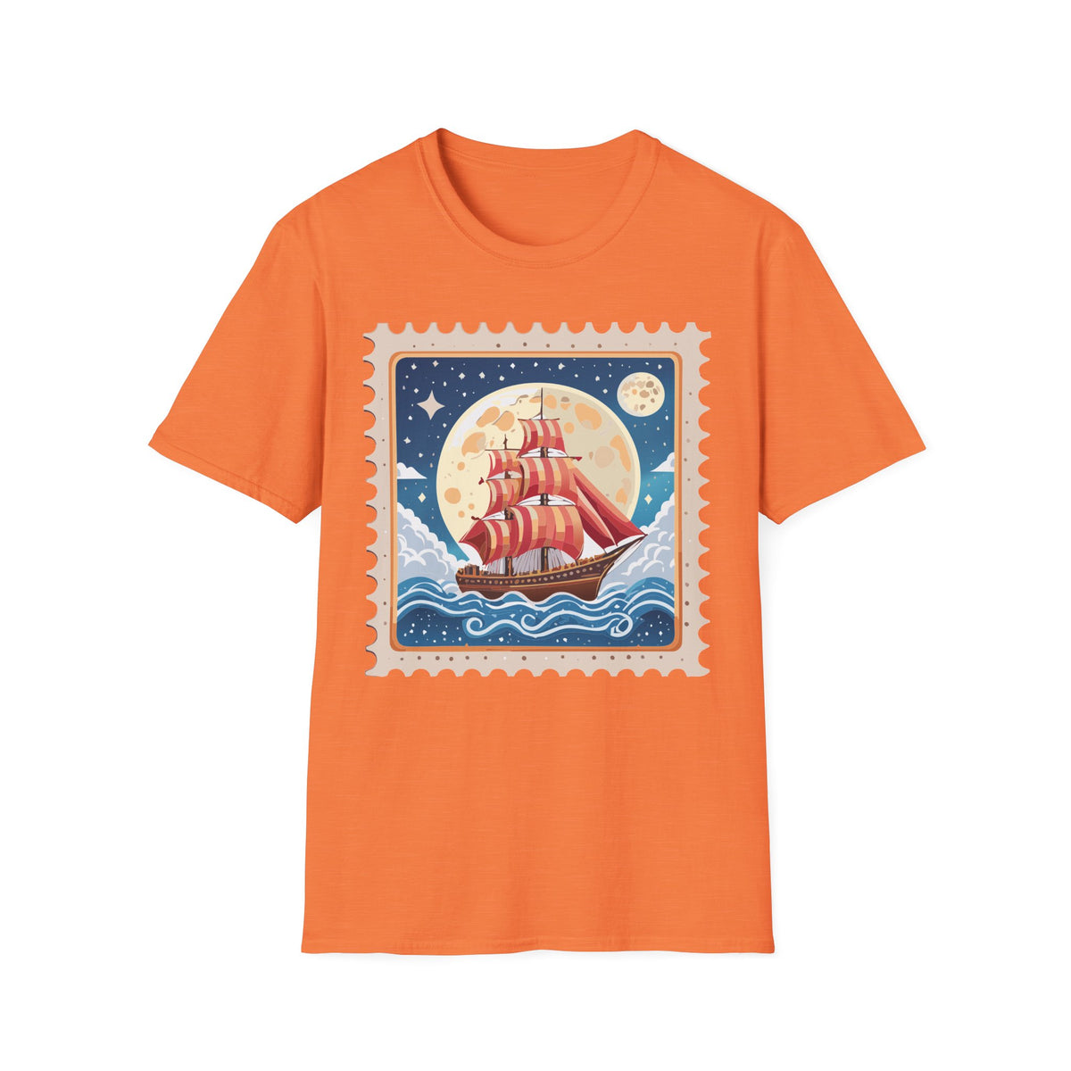 Red Sail Ship Moon Stamp T-Shirt | Nautical Vintage Illustration