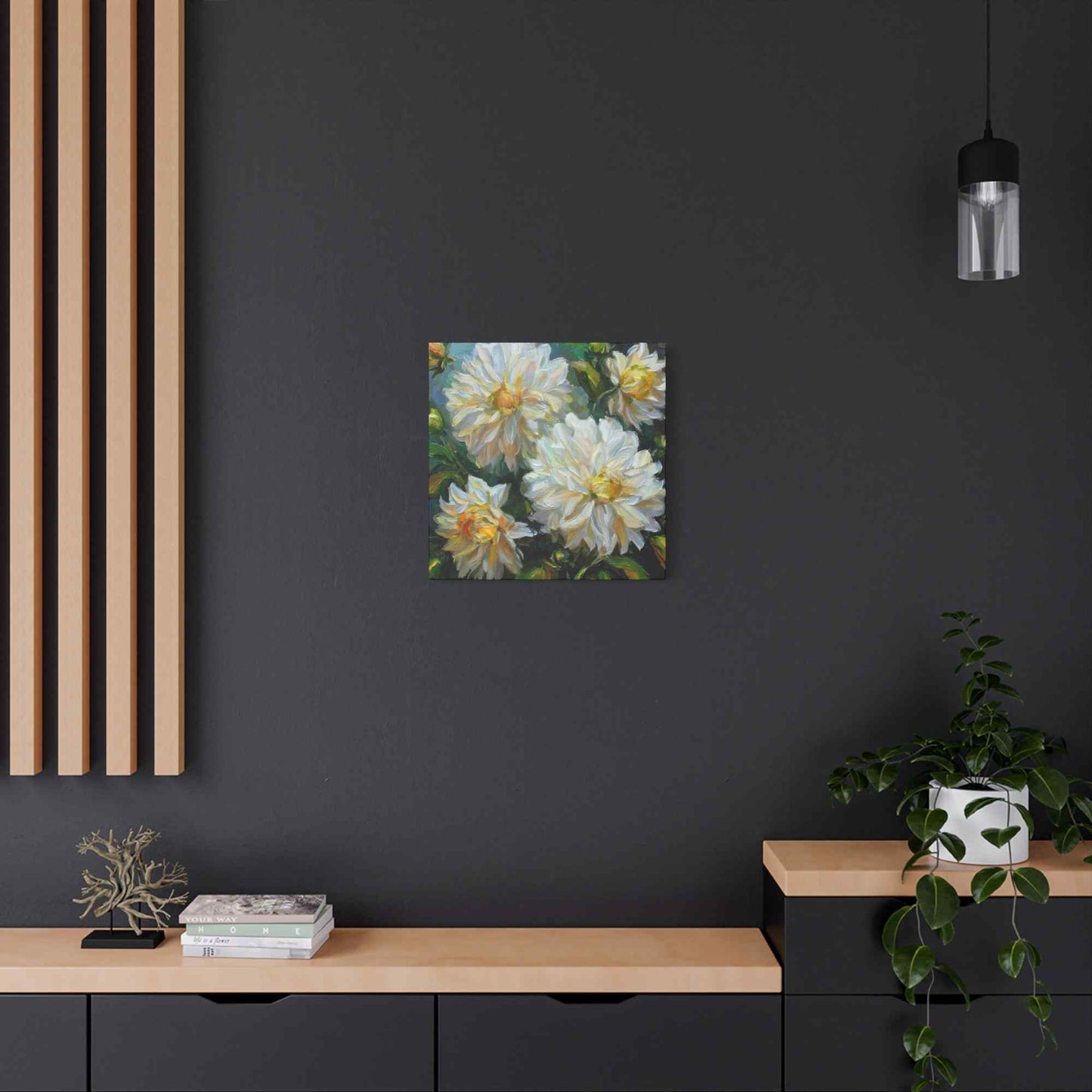 White Dahlias Print Canvas, Floral Oil Paint Print 20x20, 24x24, 30x30, 32x32, 36x36 Art Design Pine-Wood Inner Frame MC-169