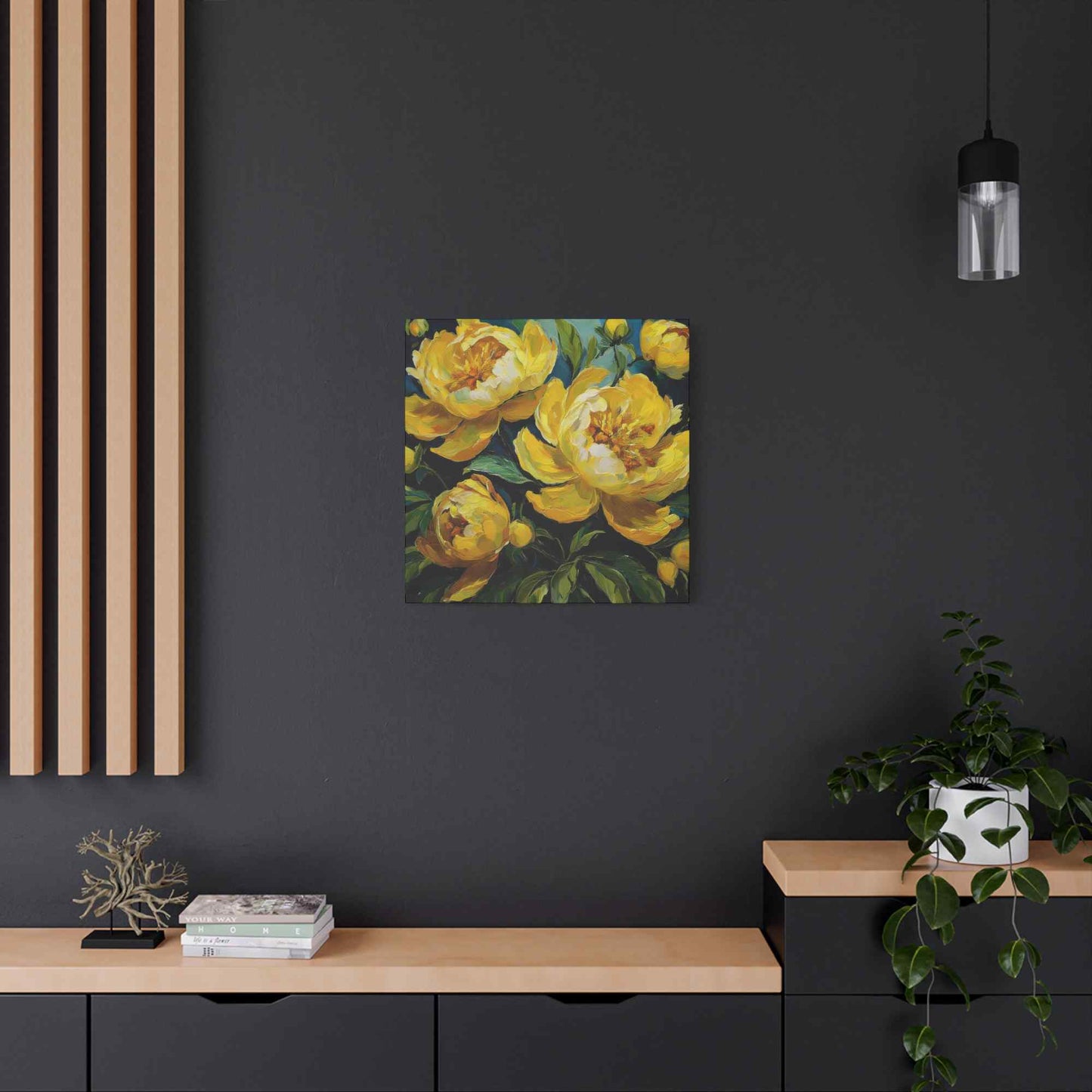 Yellow Peonies Print Canvas, Floral Oil Paint Print 20x20, 24x24, 30x30, 32x32, 36x36 Art Design Pine-Wood Inner Frame MC-121
