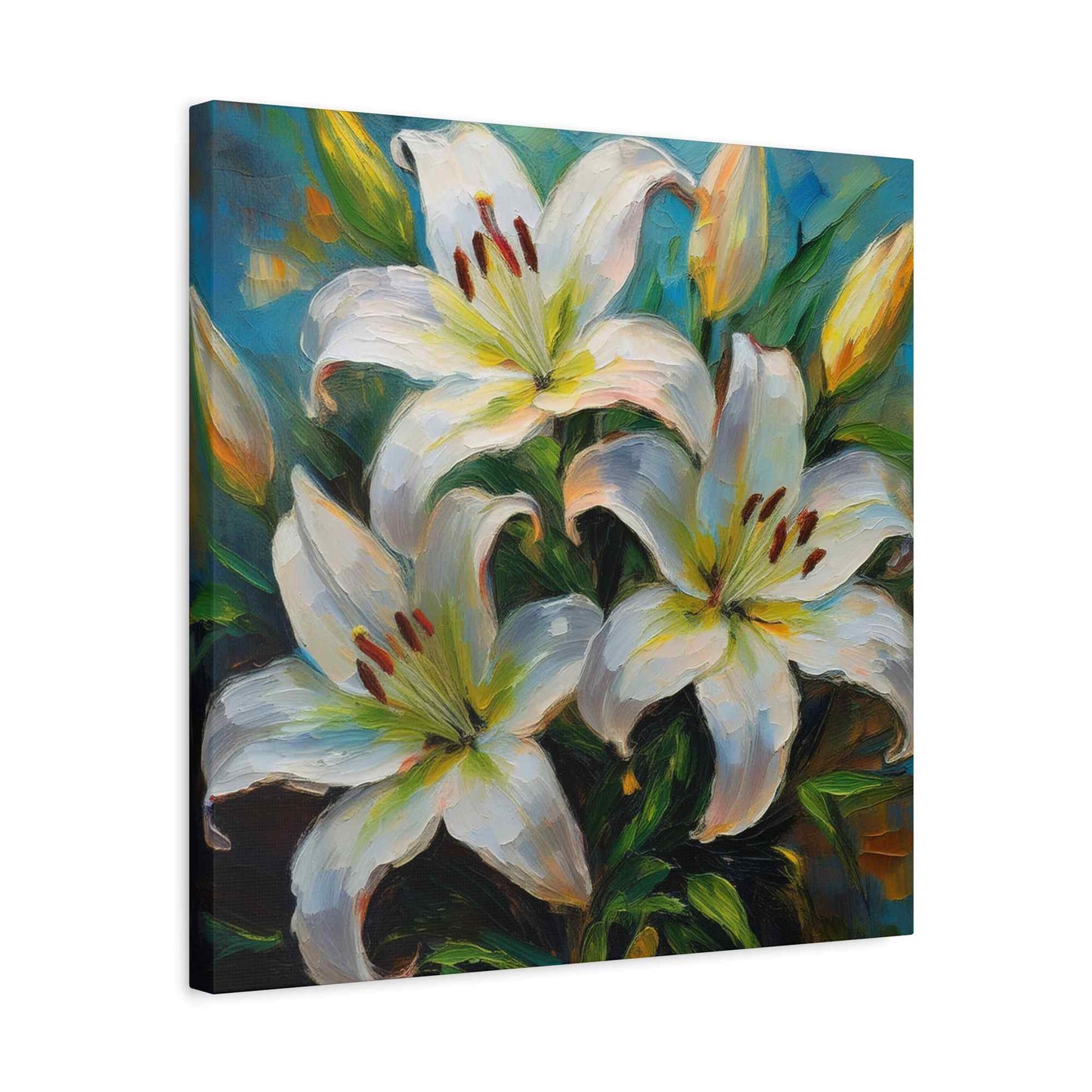 White Lilies Print Canvas, Floral Oil Paint Print 20x20, 24x24, 30x30, 32x32, 36x36 Art Design Pine-Wood Inner Frame MC-154