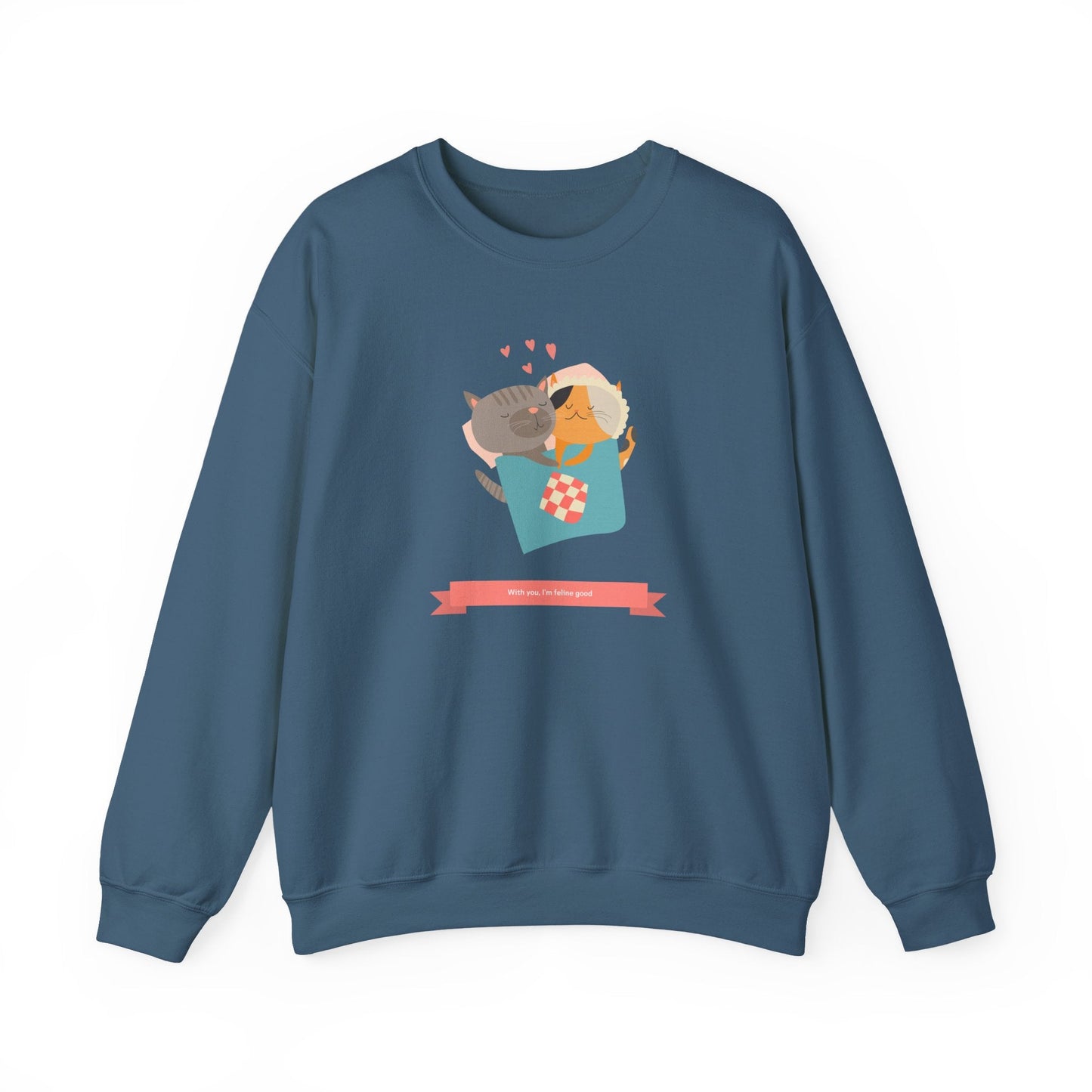 Cat Heart Sweatshirt Unisex Valentines Day 50 50 Cotton Poly Crewneck Gildan 18000