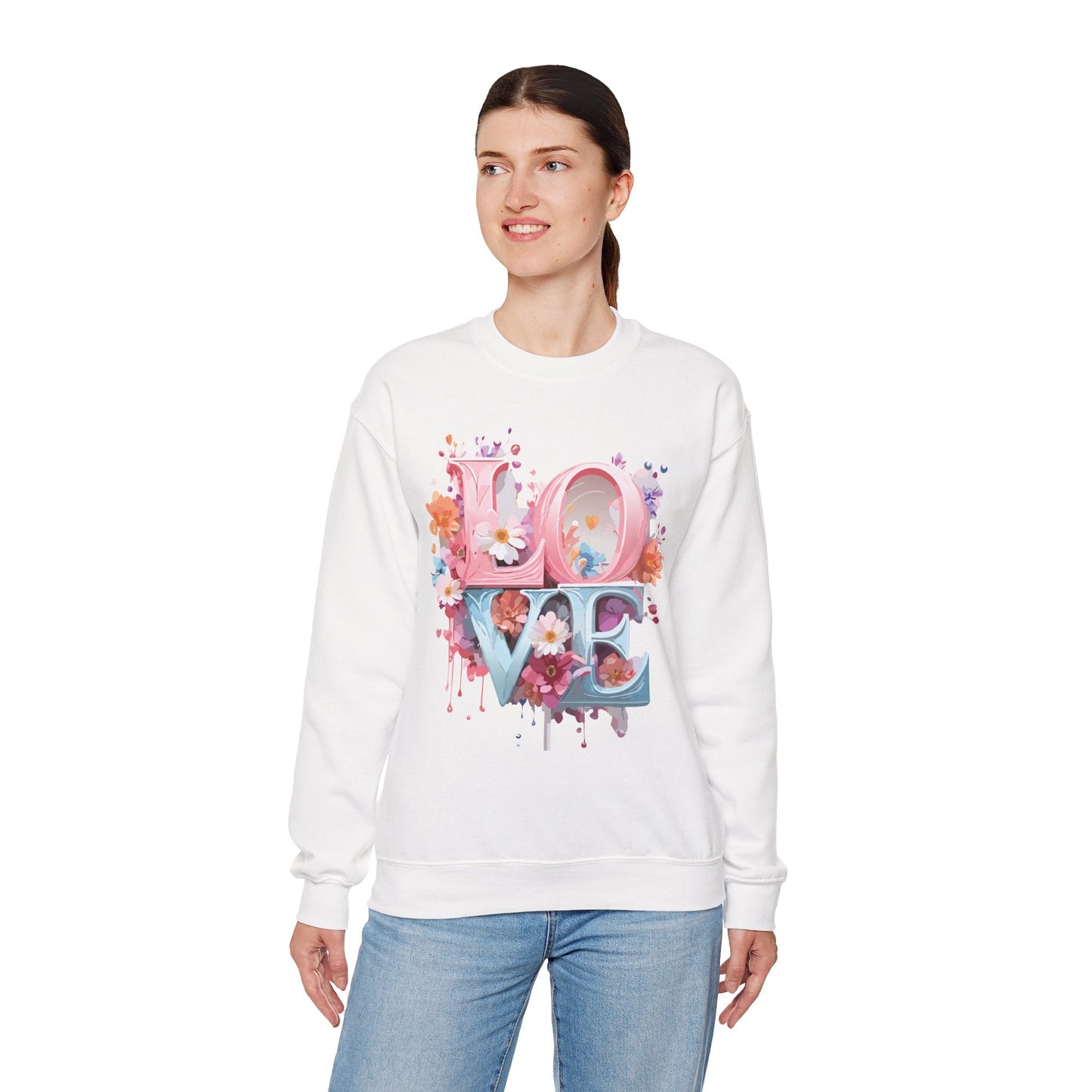 Floral Love Sweatshirt Unisex Love Flower Valentines Day Crewneck Gildan 18000 50 50 Cotton Polyester
