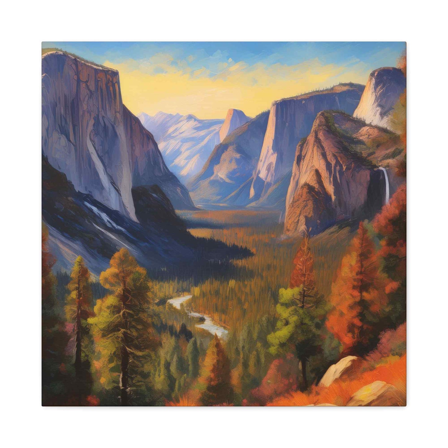 Yosemite Valley Print Canvas, Oil Paint Print 20x20, 24x24, 30x30, 32x32, 36x36 Art Design Print Pine-Wood Inner Frame MC-61