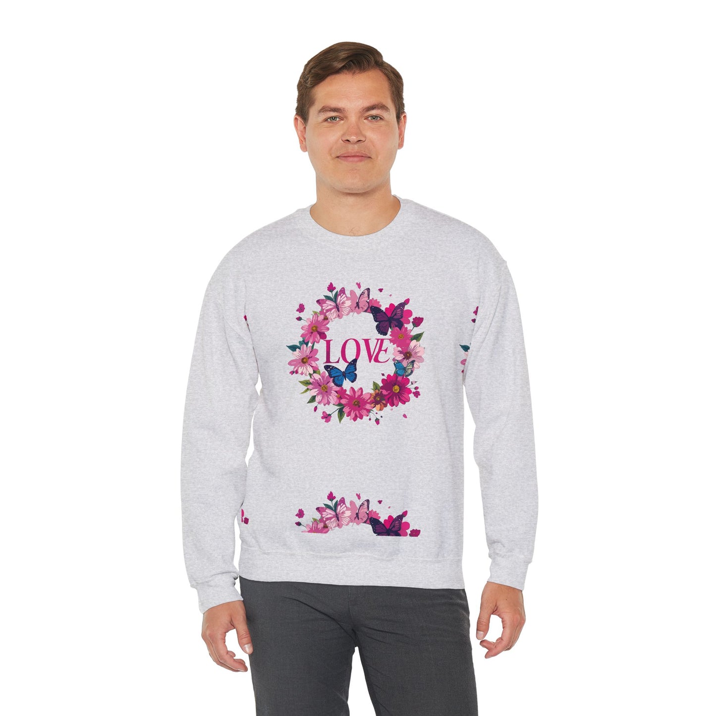 Unisex Floral Love Sweatshirt, Love Floral Sweatshirt, Floral Butterfly Sweatshirt, 50/50 Cotton-Poly Valentine's Day Sweatshirt 04