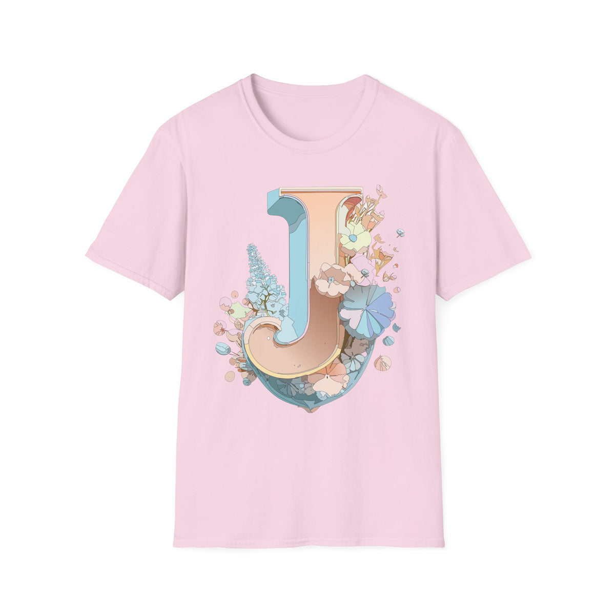 Floral Letter J T-Shirt | Monogram Initial Tee, Pastel Botanical Typography