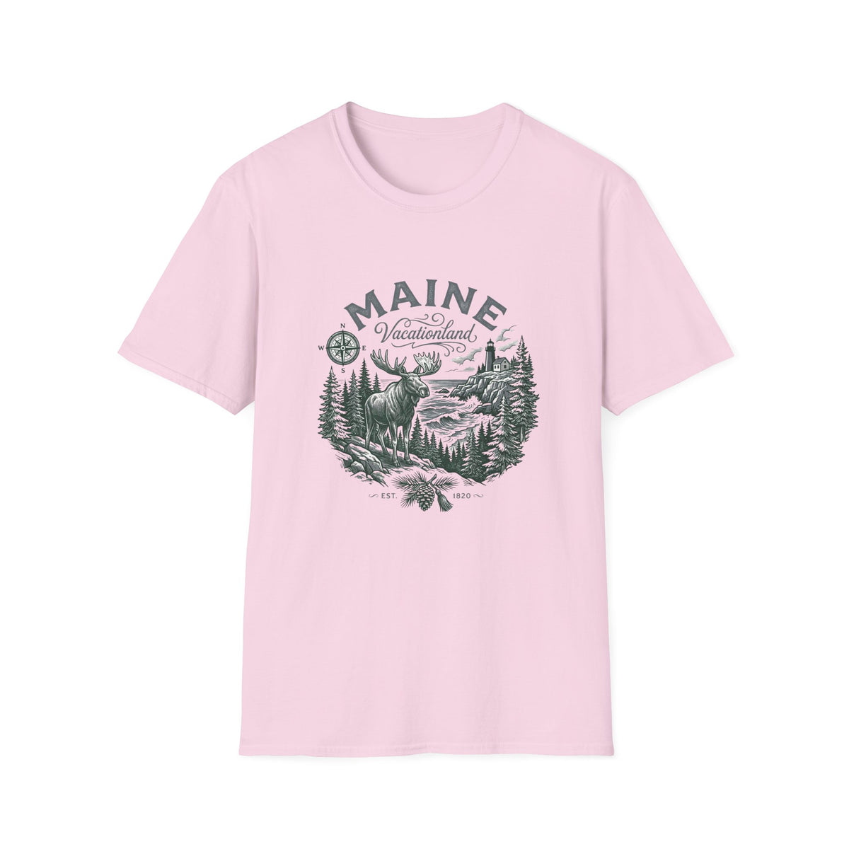 Maine Wilderness Moose Graphic T-Shirt — Vintage State Nature Travel Tourist Graphic Design Unisex 100 Cotton Gildan T-Shirt