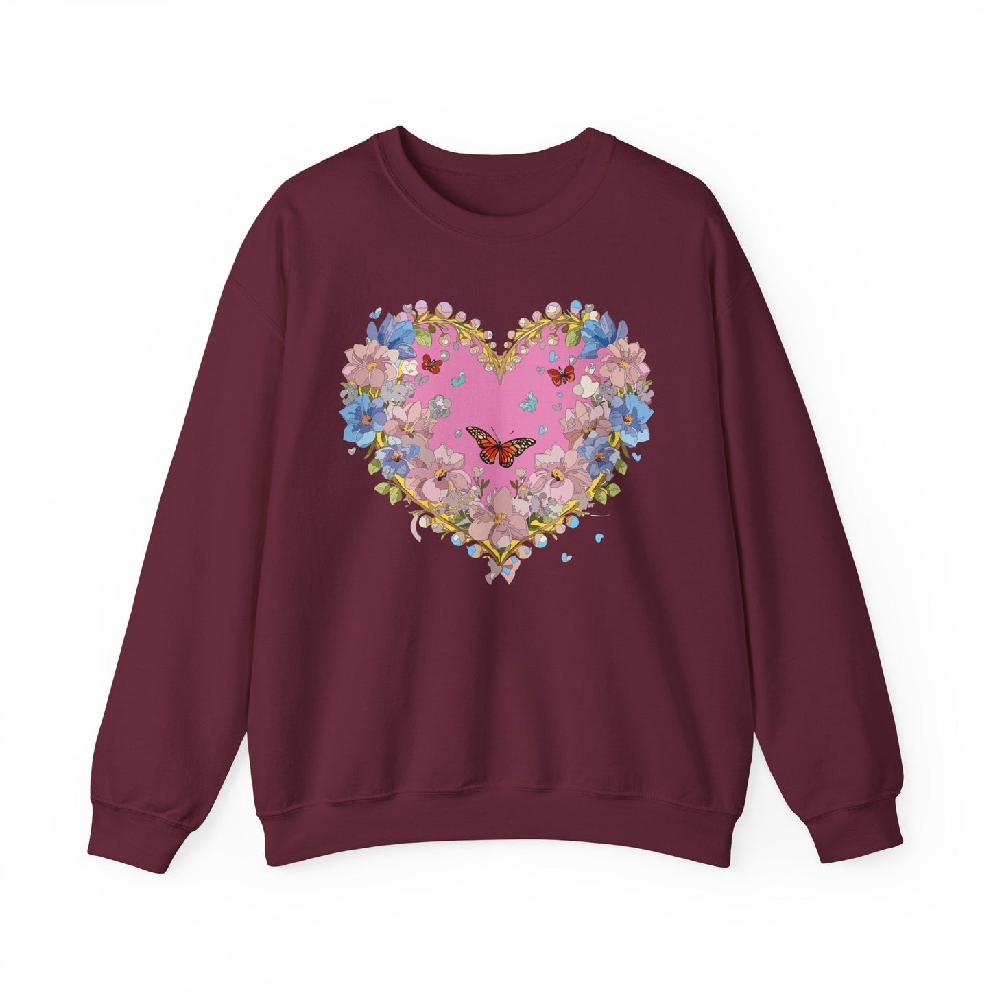Floral Heart Sweatshirt Unisex Crewneck Gildan 18000 Fifty Fifty Cotton Polyester Valentine's Day